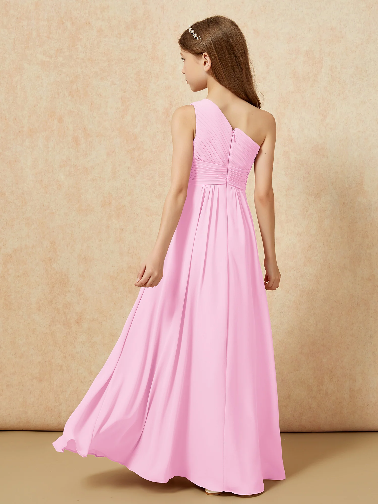 One Shoulder Pleated Chiffon Junior Bridesmaid Dress Candy Pink - Image 2