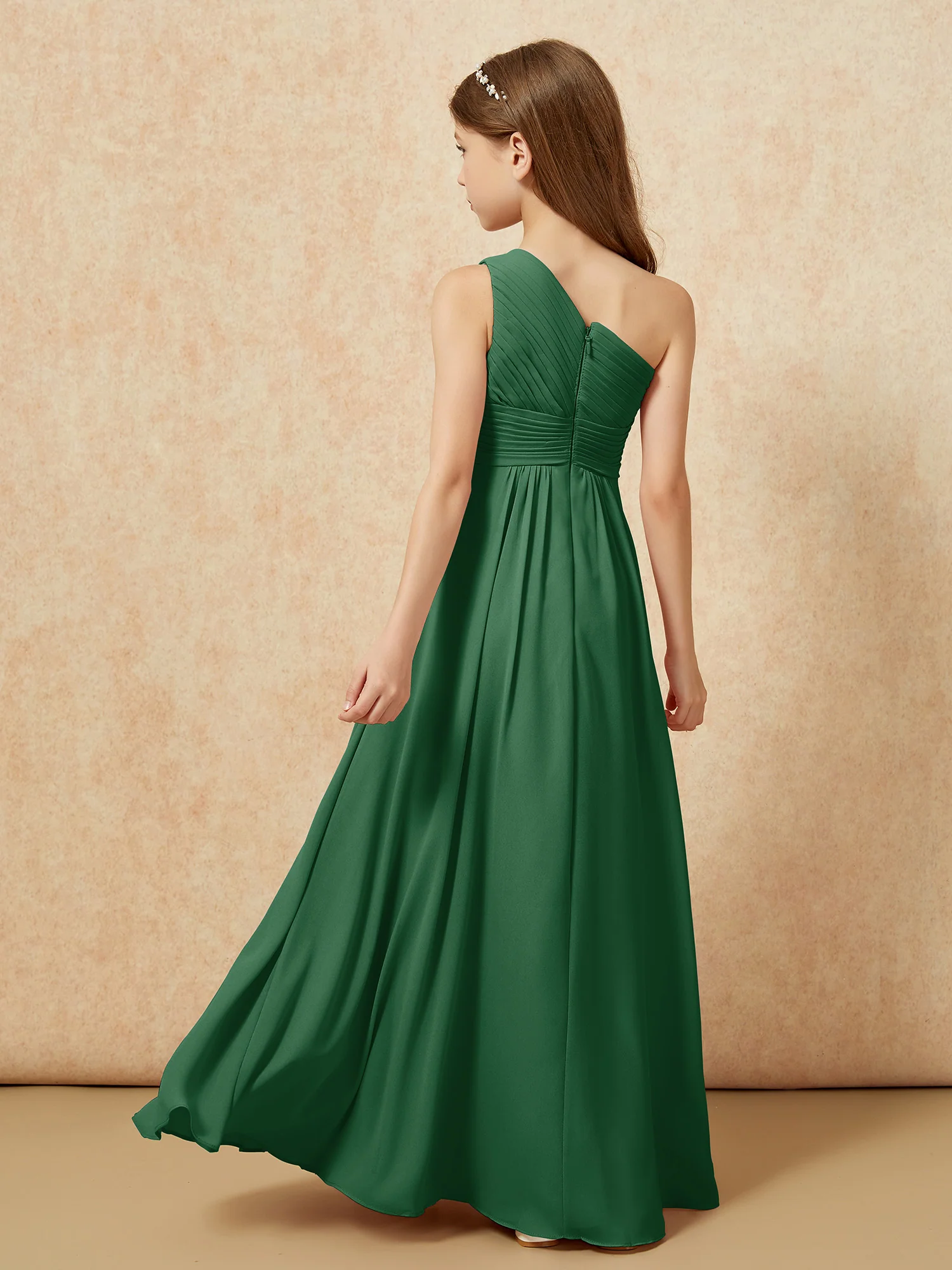 One Shoulder Pleated Chiffon Junior Bridesmaid Dress Dark Green - Image 2