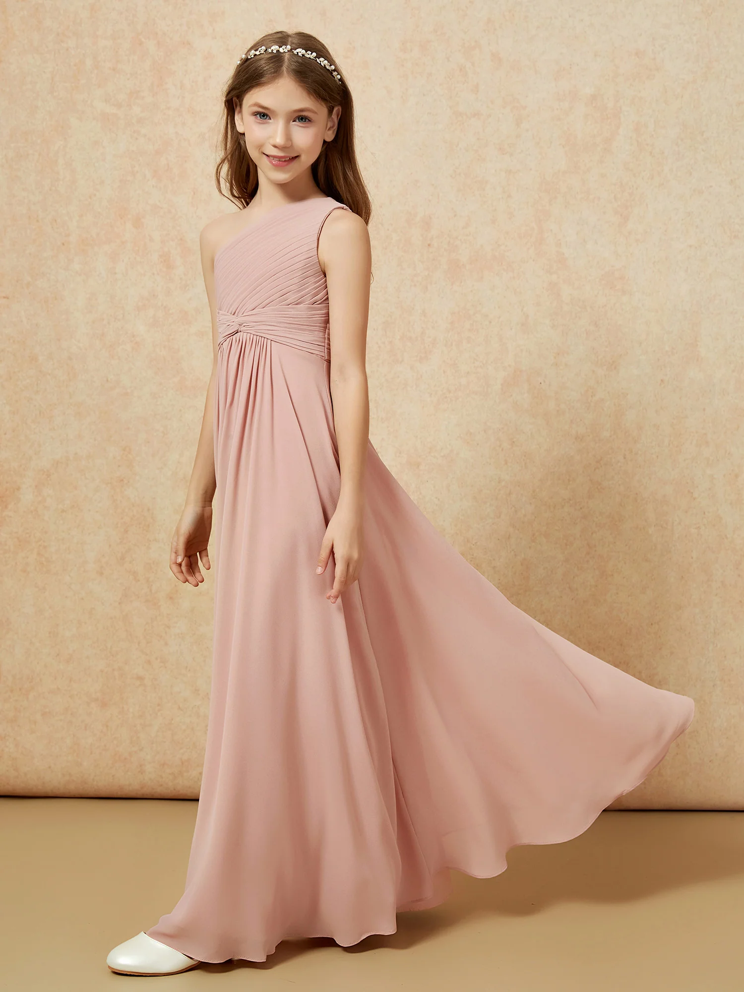 One Shoulder Pleated Chiffon Junior Bridesmaid Dress Dusty Rose - Image 3