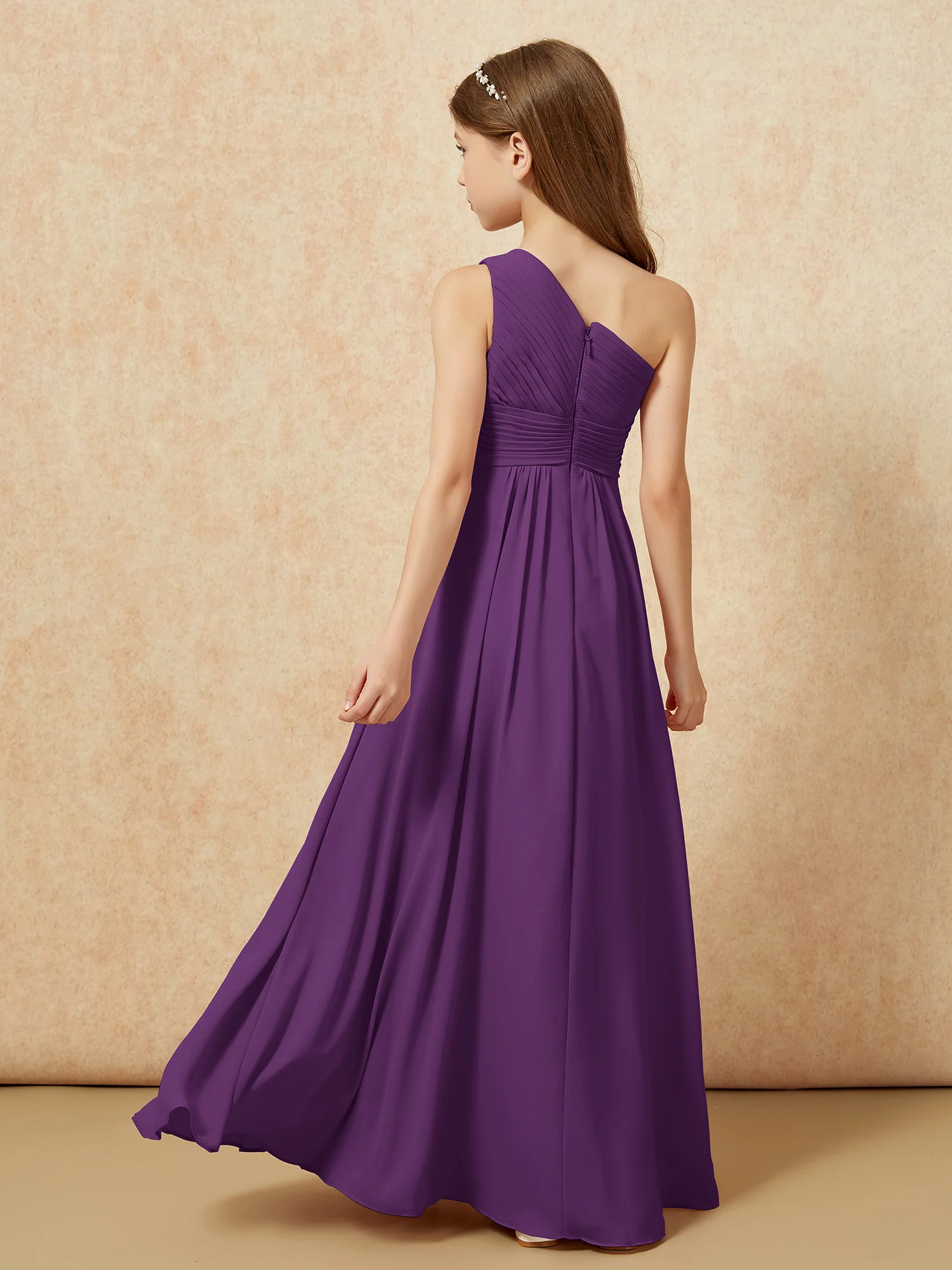 One Shoulder Pleated Chiffon Junior Bridesmaid Dress Grape - Image 2