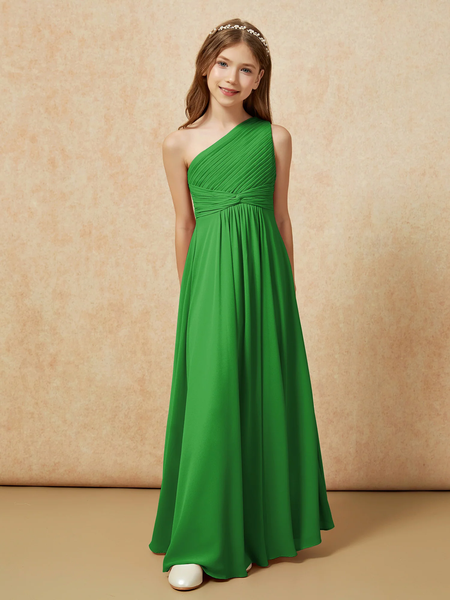 One Shoulder Pleated Chiffon Junior Bridesmaid Dress Green