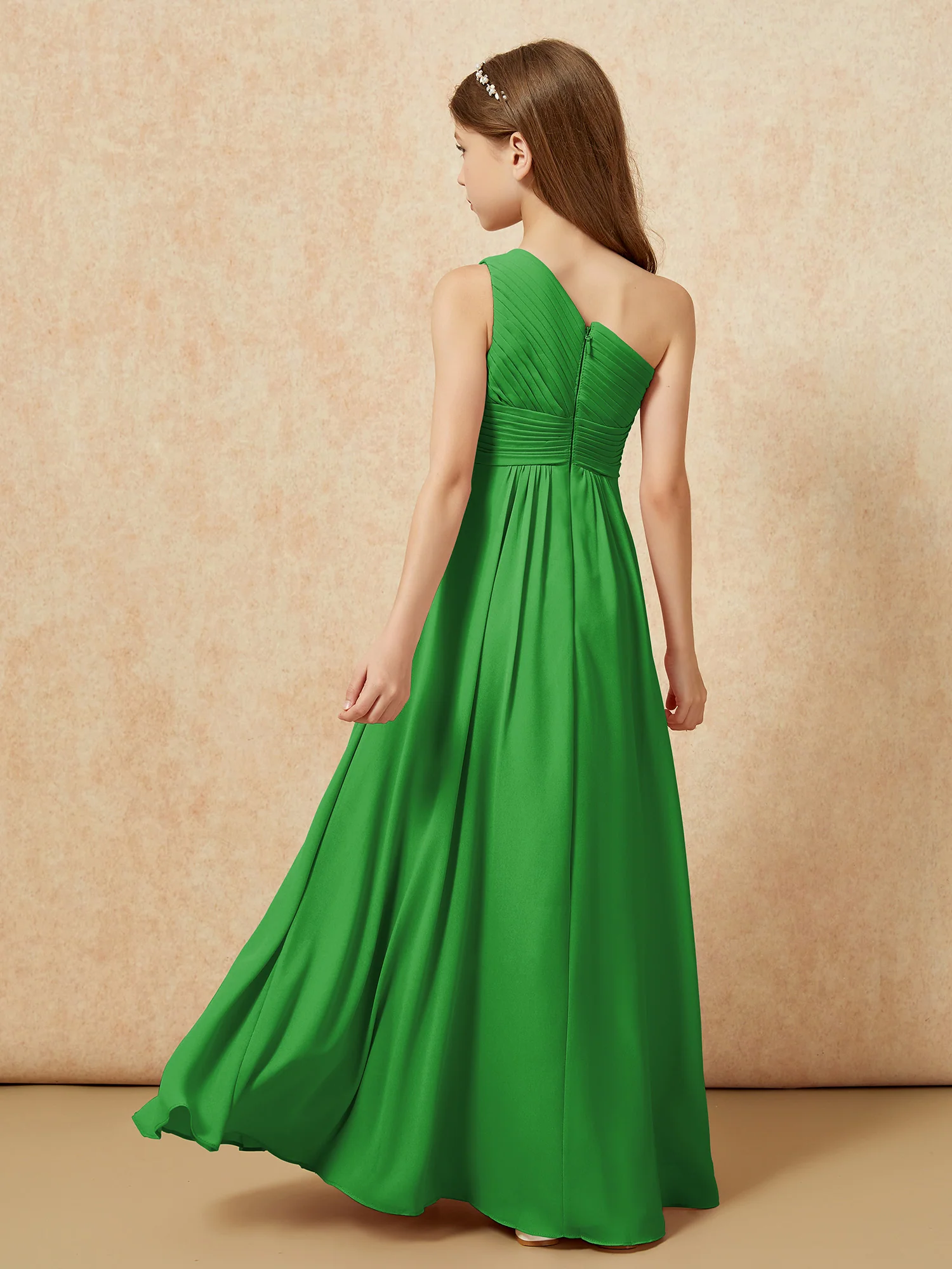 One Shoulder Pleated Chiffon Junior Bridesmaid Dress Green - Image 2