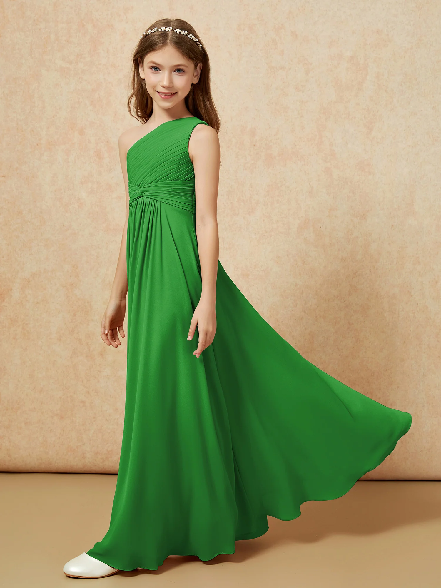One Shoulder Pleated Chiffon Junior Bridesmaid Dress Green - Image 3