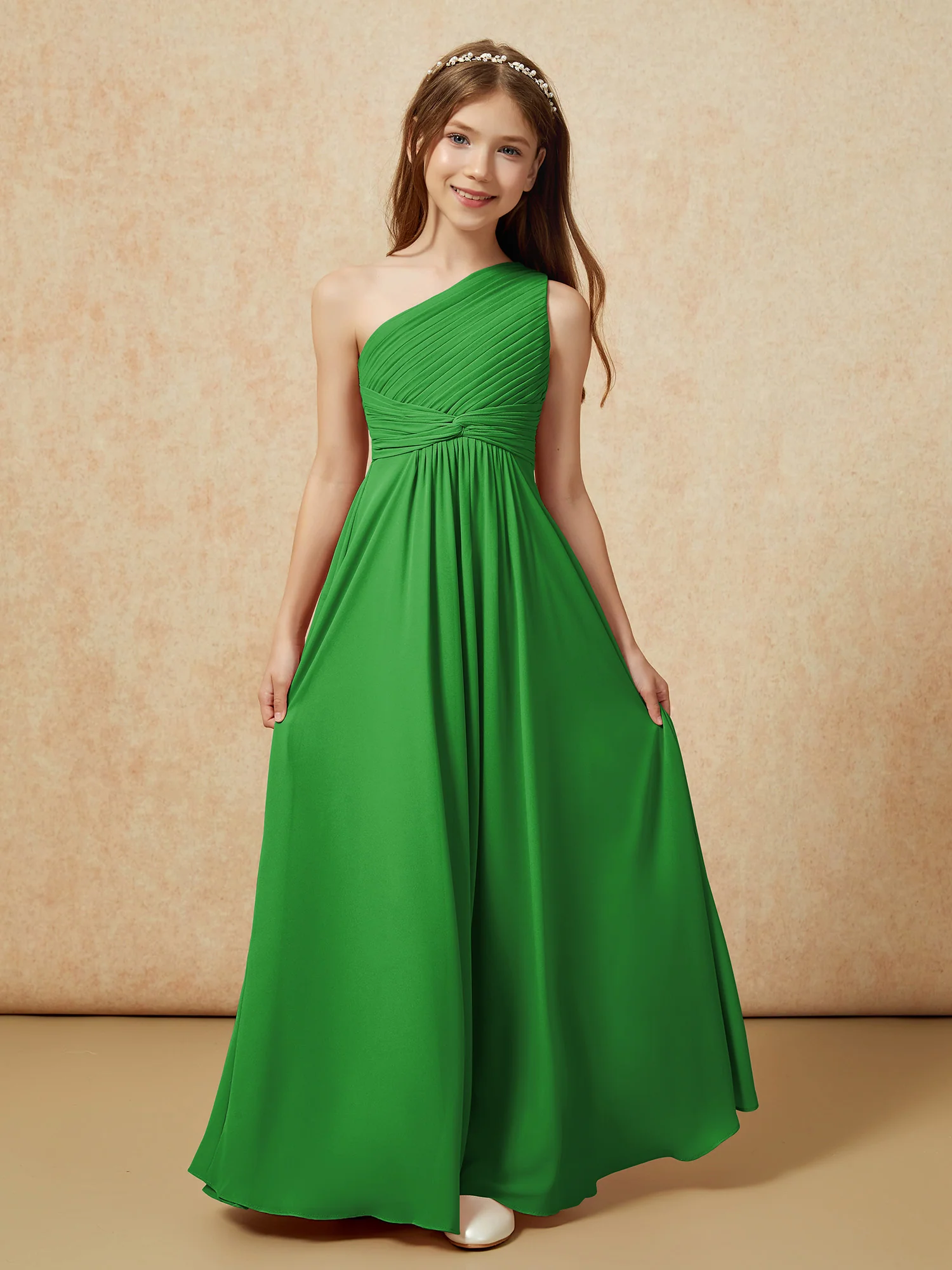 One Shoulder Pleated Chiffon Junior Bridesmaid Dress Green - Image 4