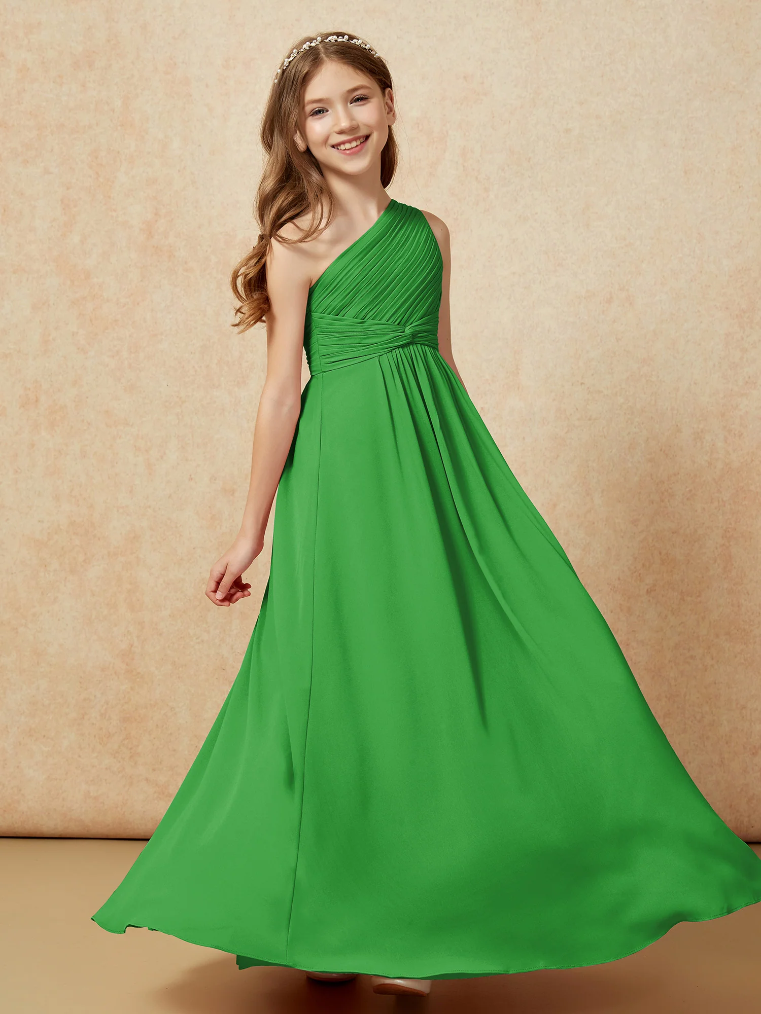 One Shoulder Pleated Chiffon Junior Bridesmaid Dress Green - Image 5