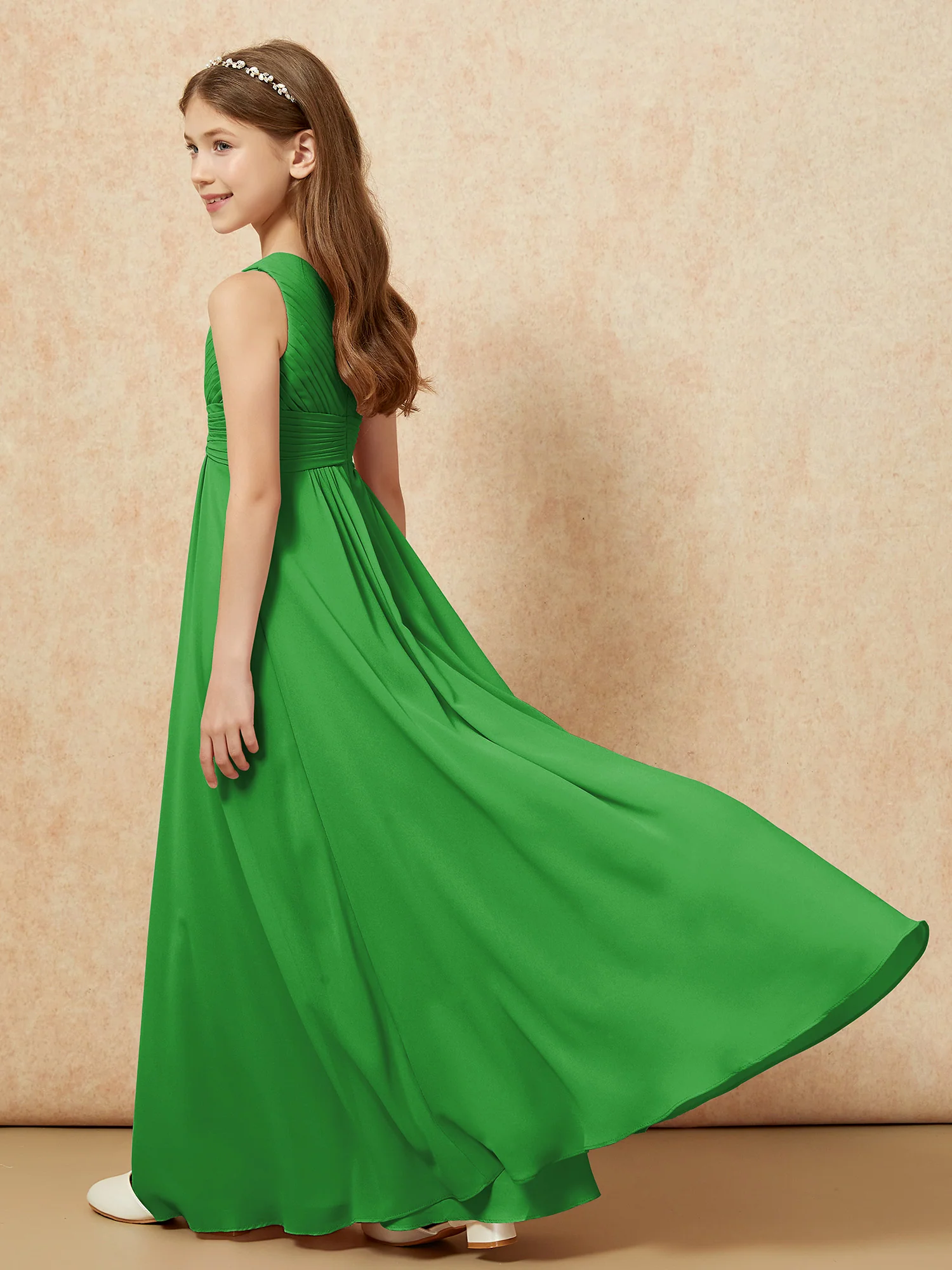 One Shoulder Pleated Chiffon Junior Bridesmaid Dress Green - Image 6