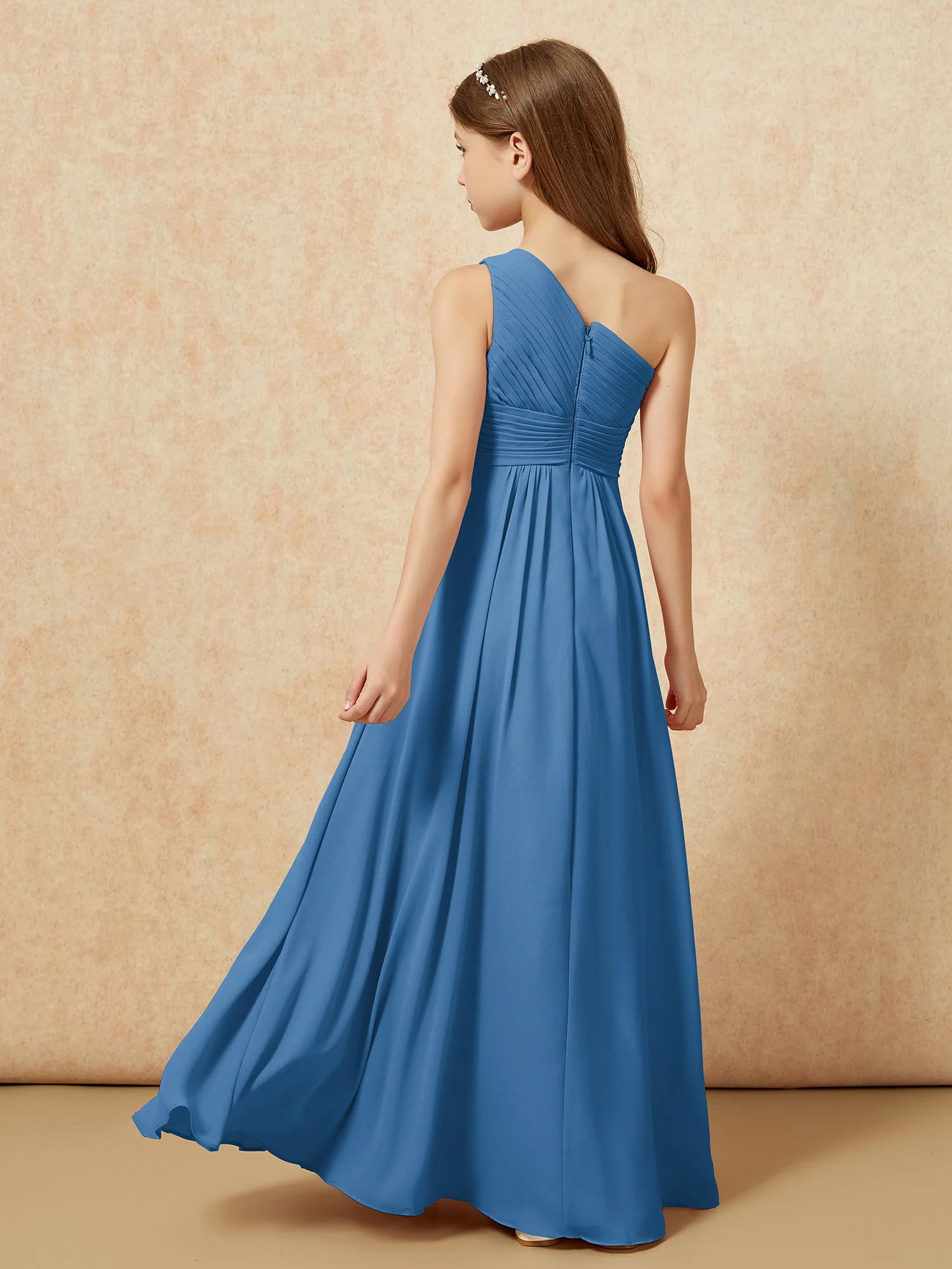 One Shoulder Pleated Chiffon Junior Bridesmaid Dress Ink Blue - Image 2