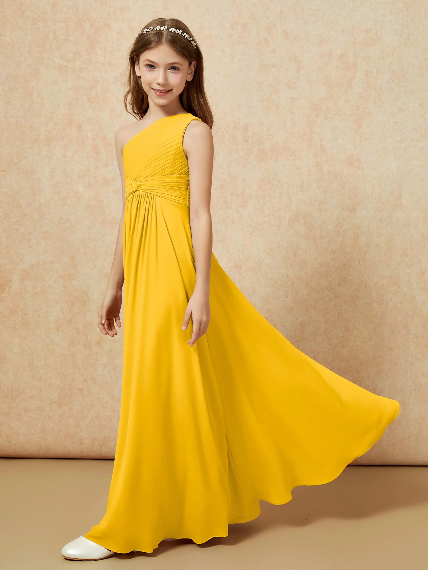 One Shoulder Pleated Chiffon Junior Bridesmaid Dress Marigold - Image 3