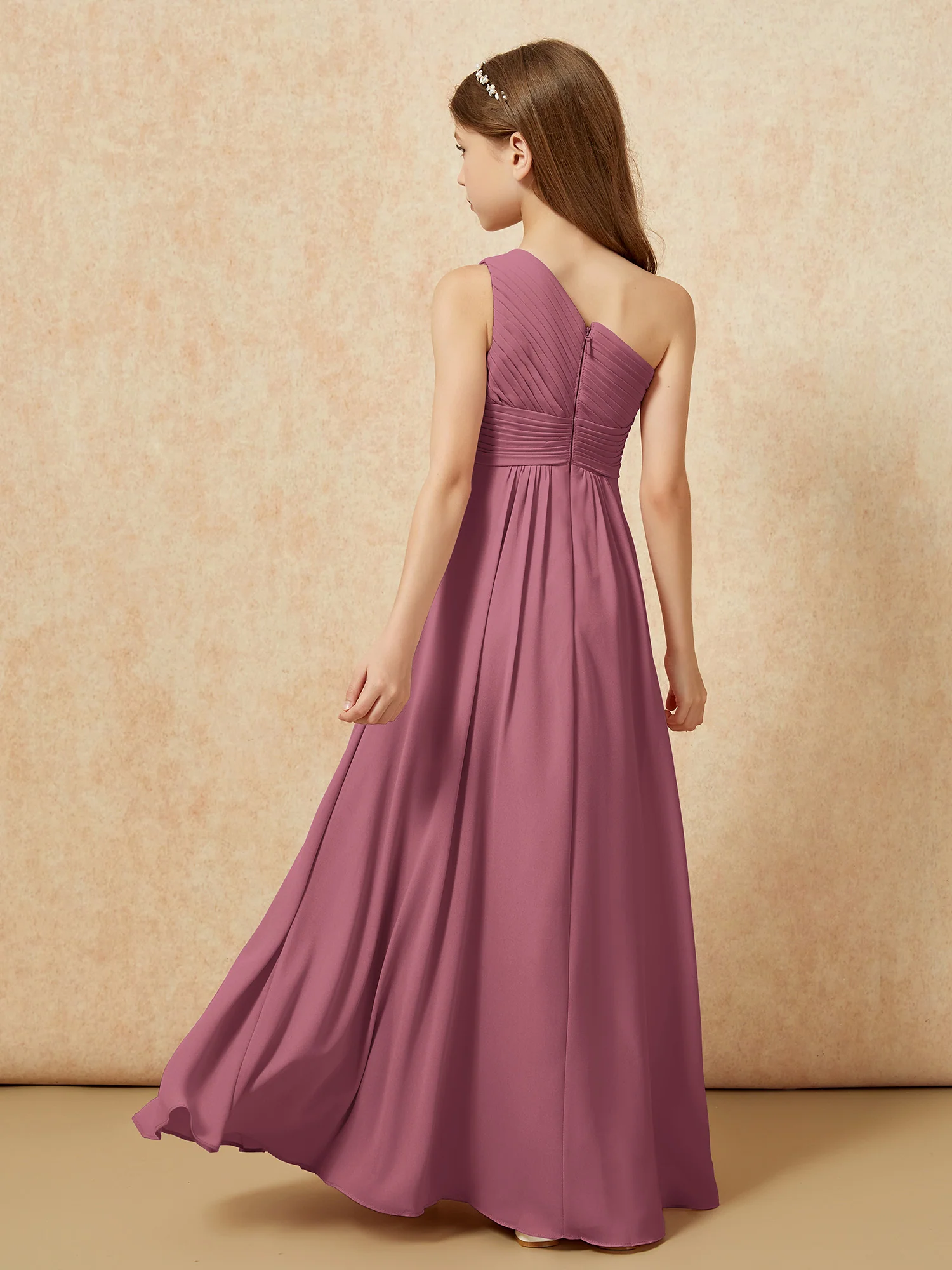 One Shoulder Pleated Chiffon Junior Bridesmaid Dress Mulberry - Image 2