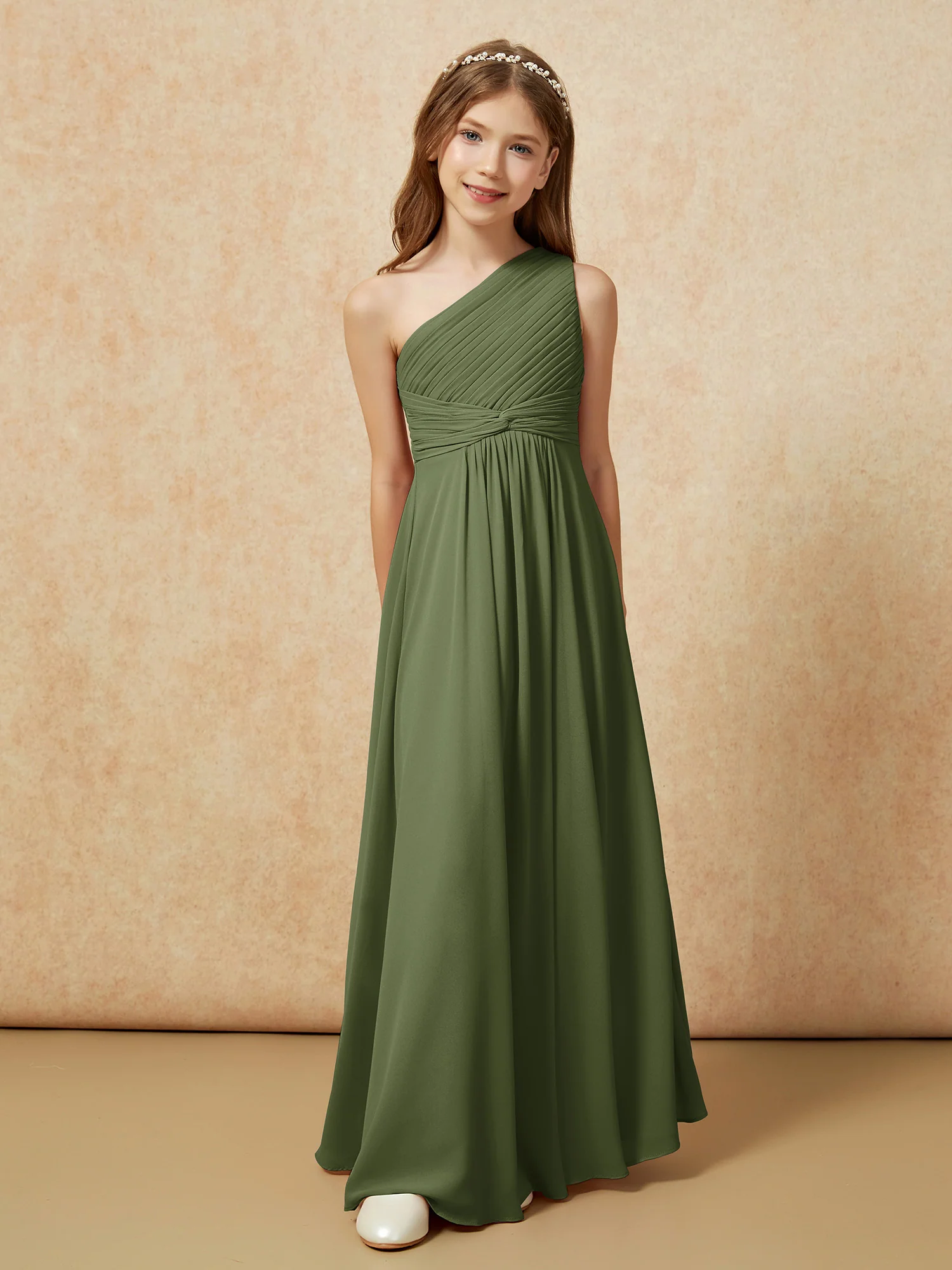 One Shoulder Pleated Chiffon Junior Bridesmaid Dress Olive Green