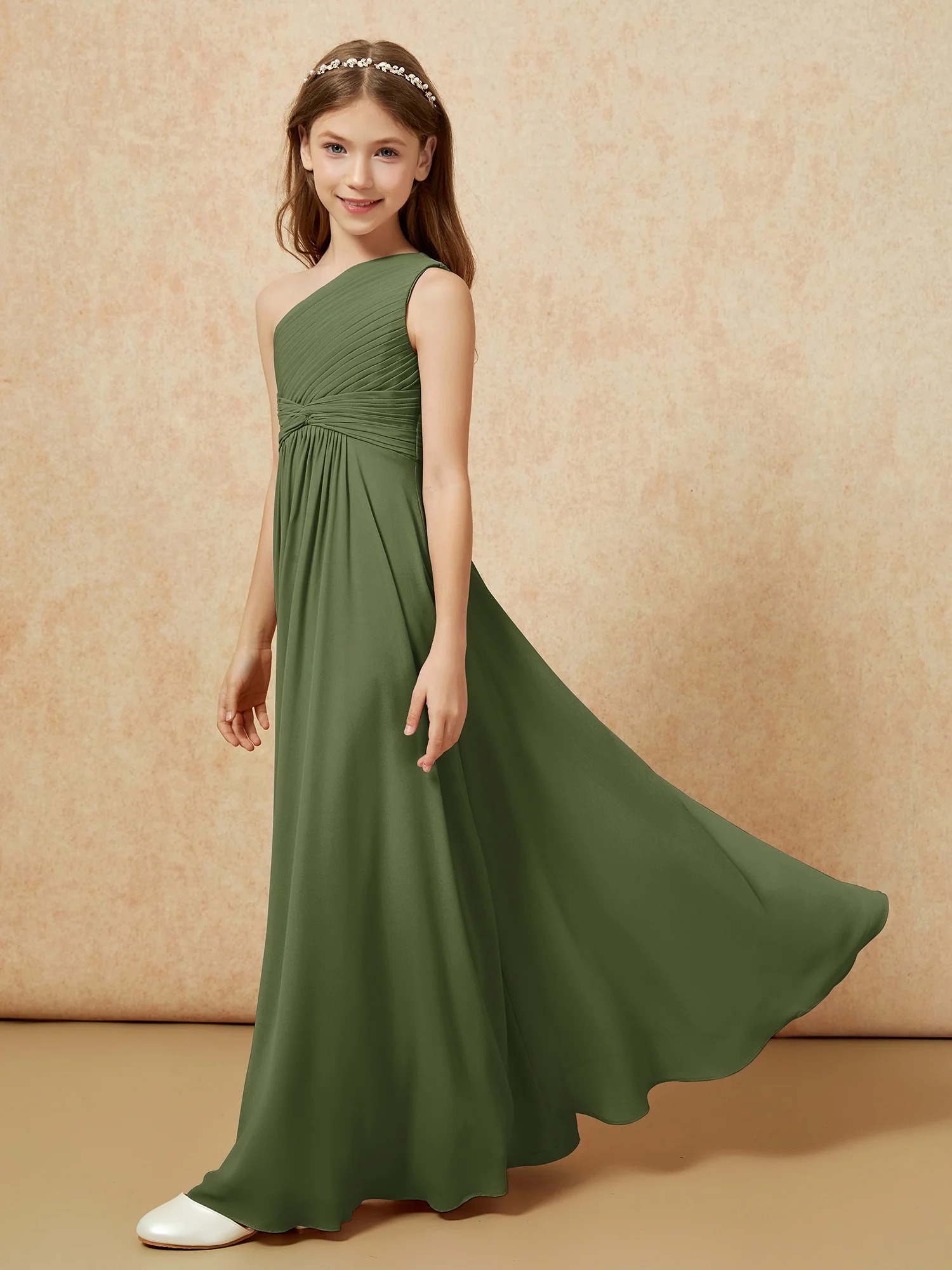 One Shoulder Pleated Chiffon Junior Bridesmaid Dress Olive Green - Image 3