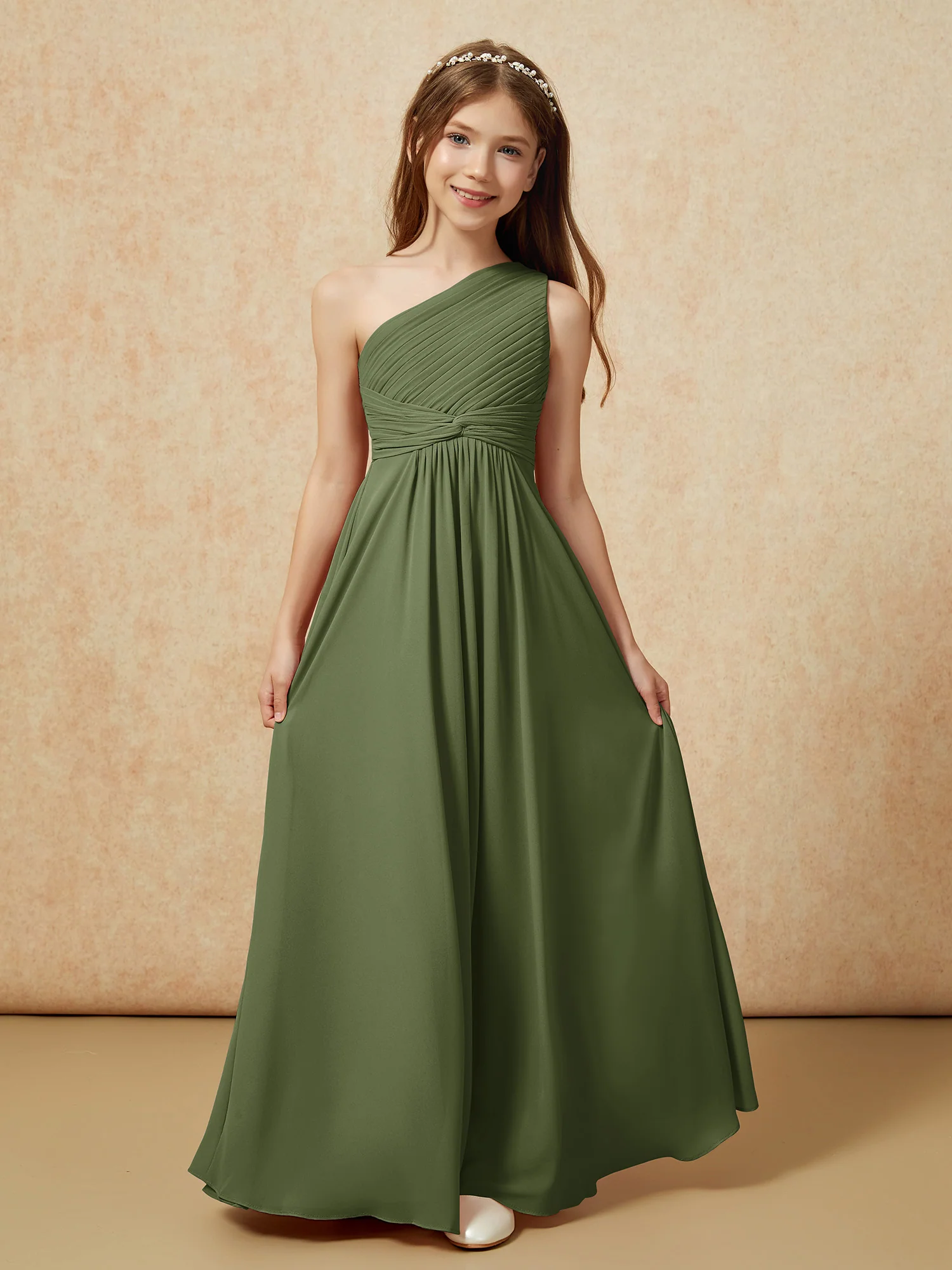 One Shoulder Pleated Chiffon Junior Bridesmaid Dress Olive Green - Image 4