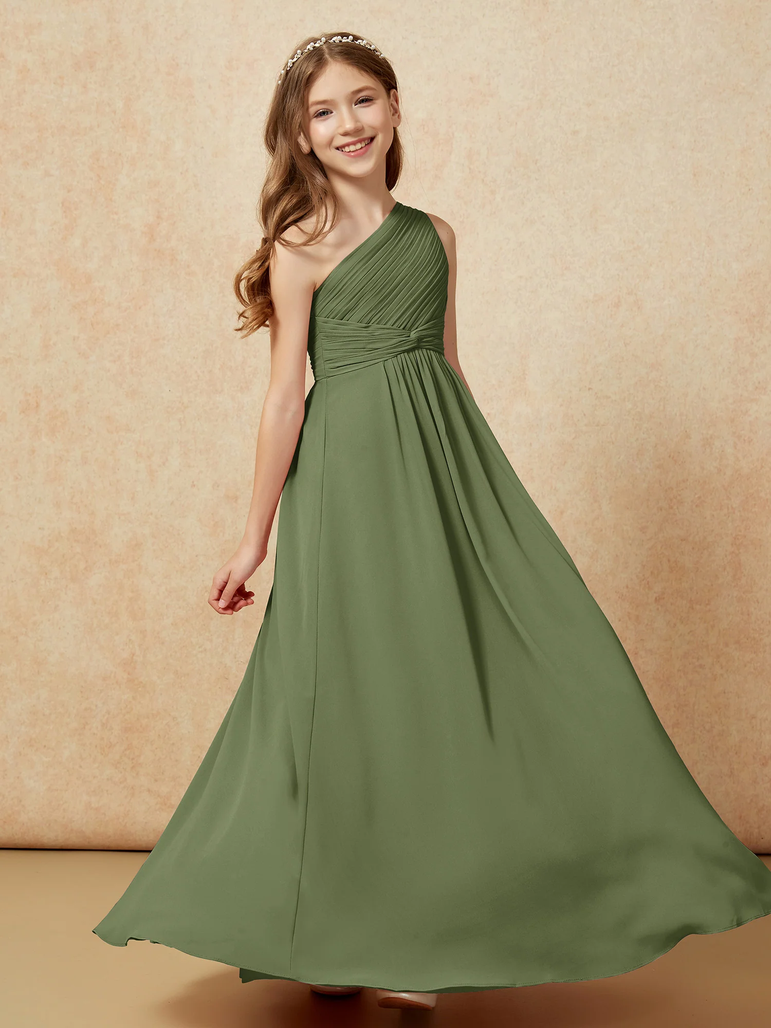 One Shoulder Pleated Chiffon Junior Bridesmaid Dress Olive Green - Image 5