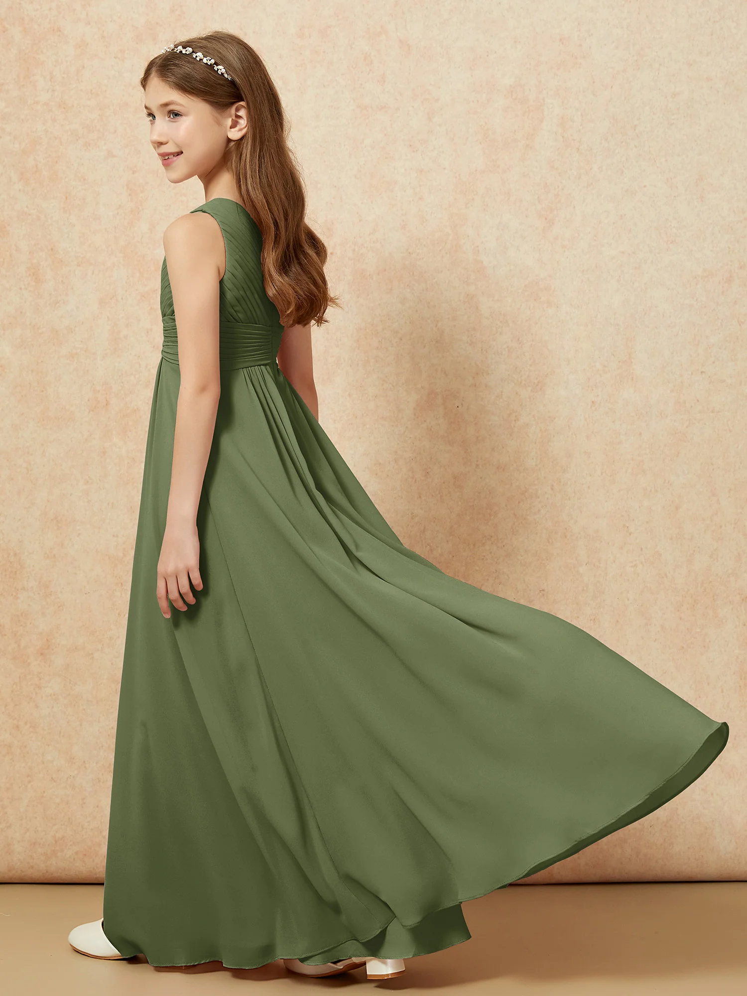 One Shoulder Pleated Chiffon Junior Bridesmaid Dress Olive Green - Image 6