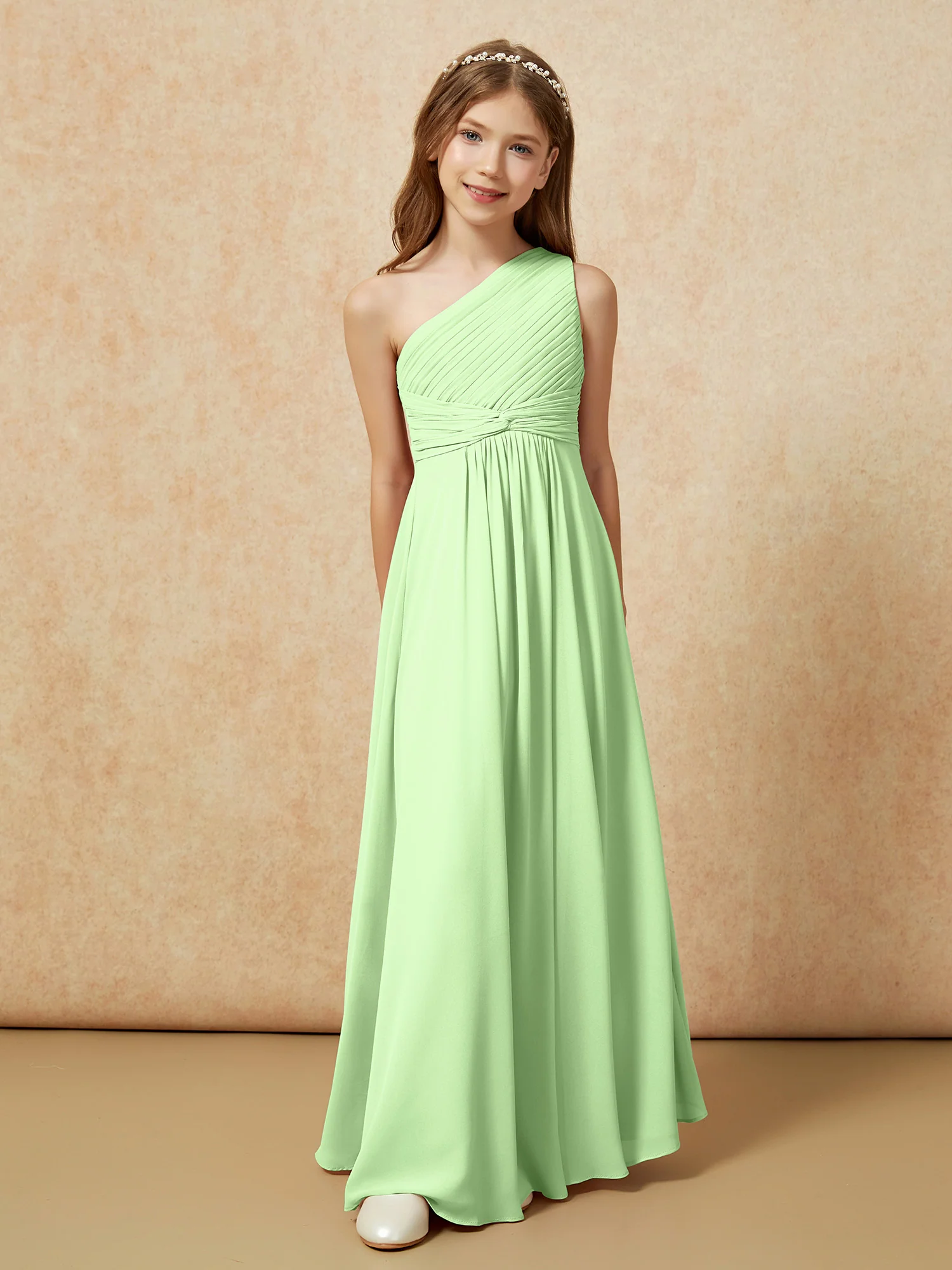 One Shoulder Pleated Chiffon Junior Bridesmaid Dress Sage