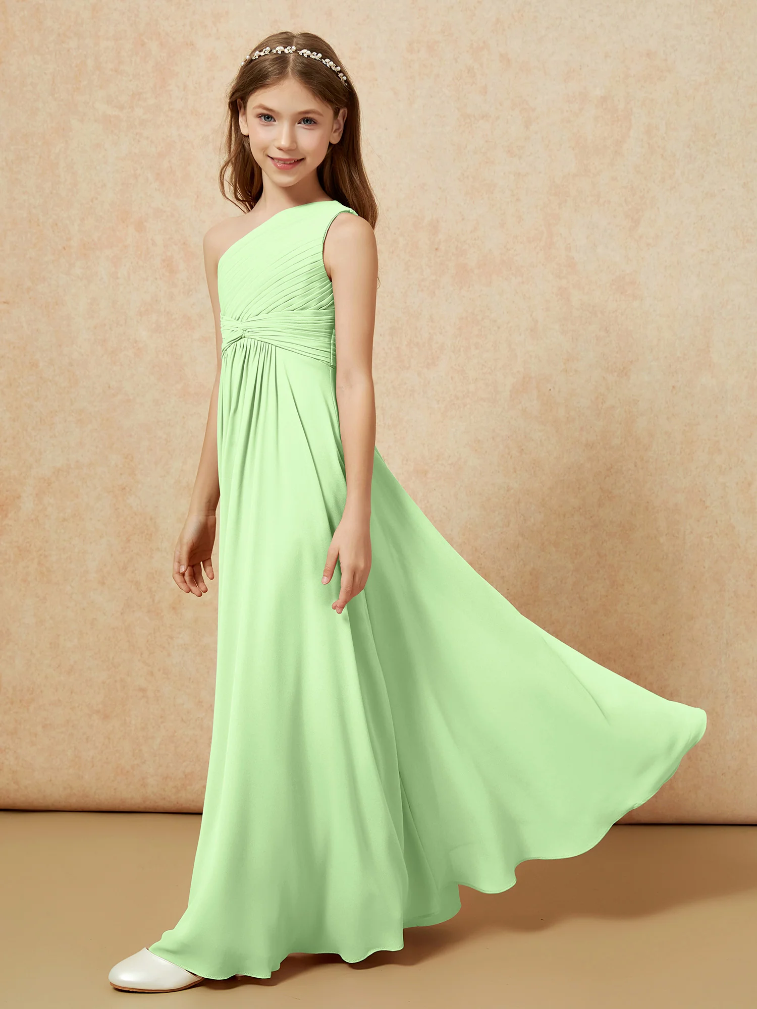 One Shoulder Pleated Chiffon Junior Bridesmaid Dress Sage - Image 3