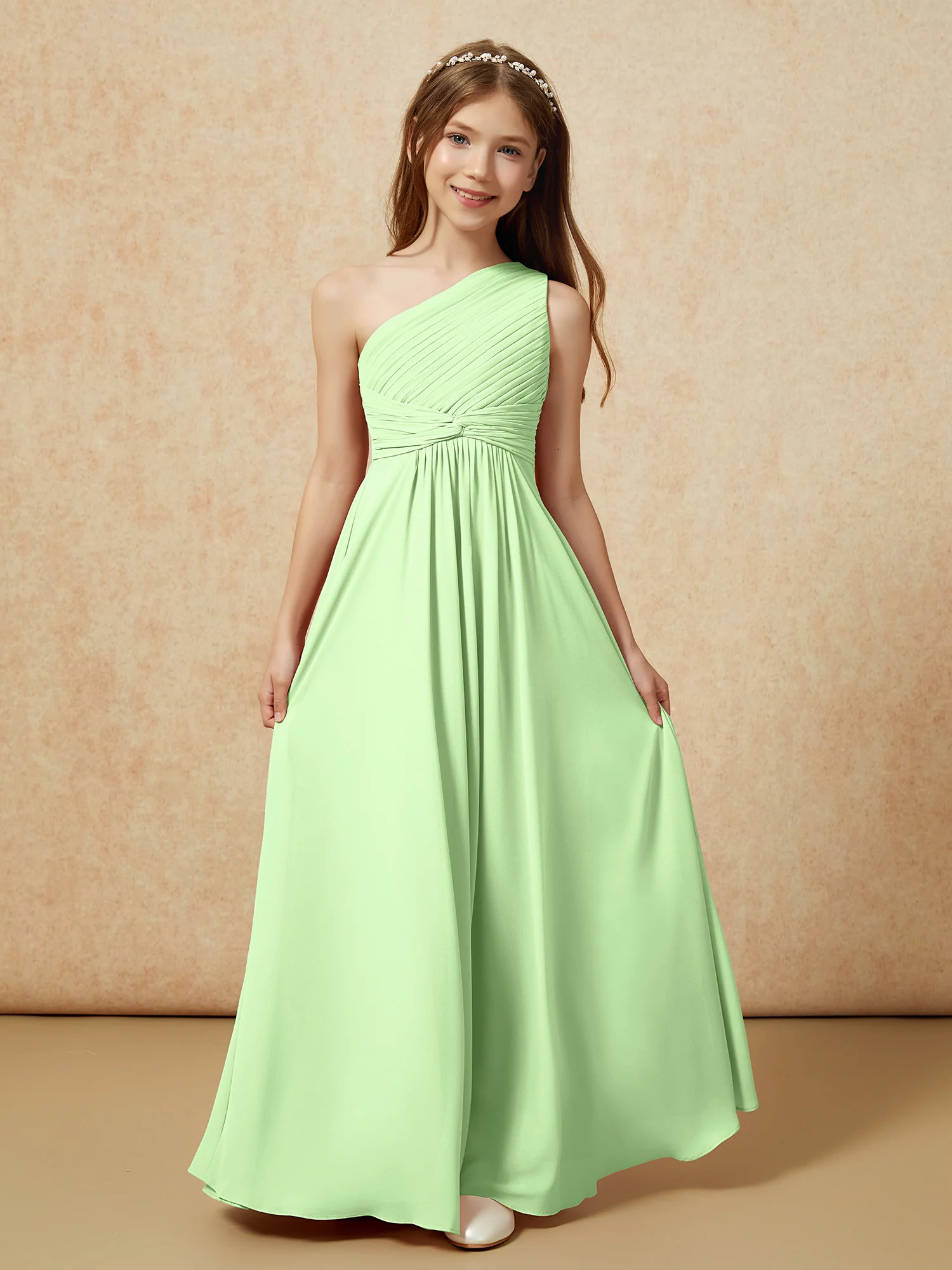 One Shoulder Pleated Chiffon Junior Bridesmaid Dress Sage - Image 4