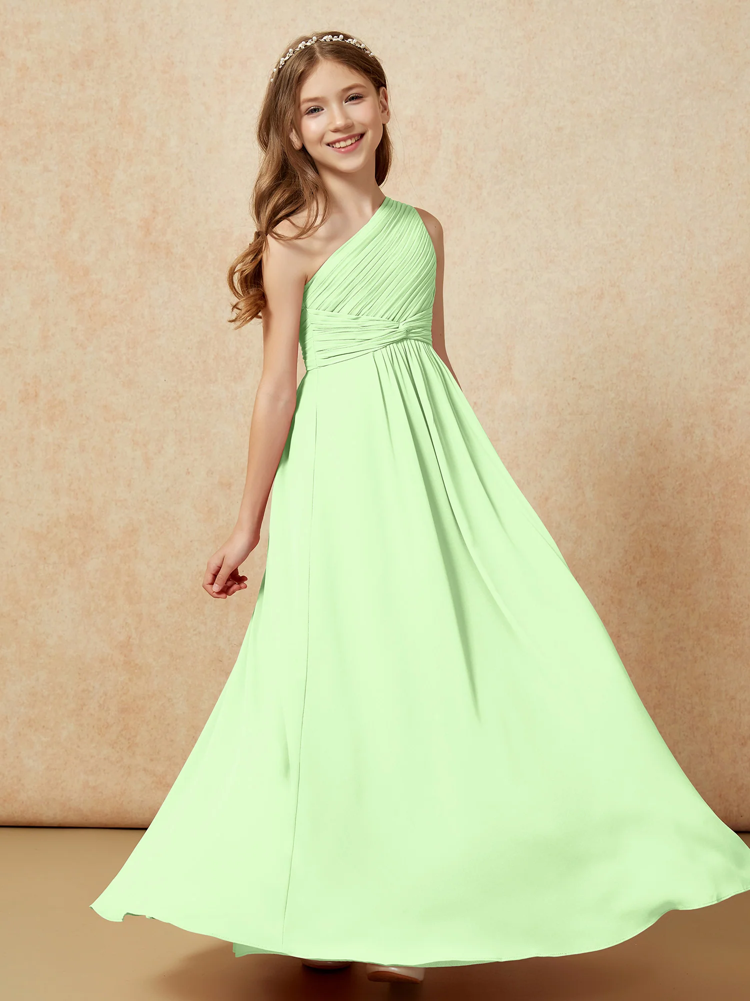 One Shoulder Pleated Chiffon Junior Bridesmaid Dress Sage - Image 5