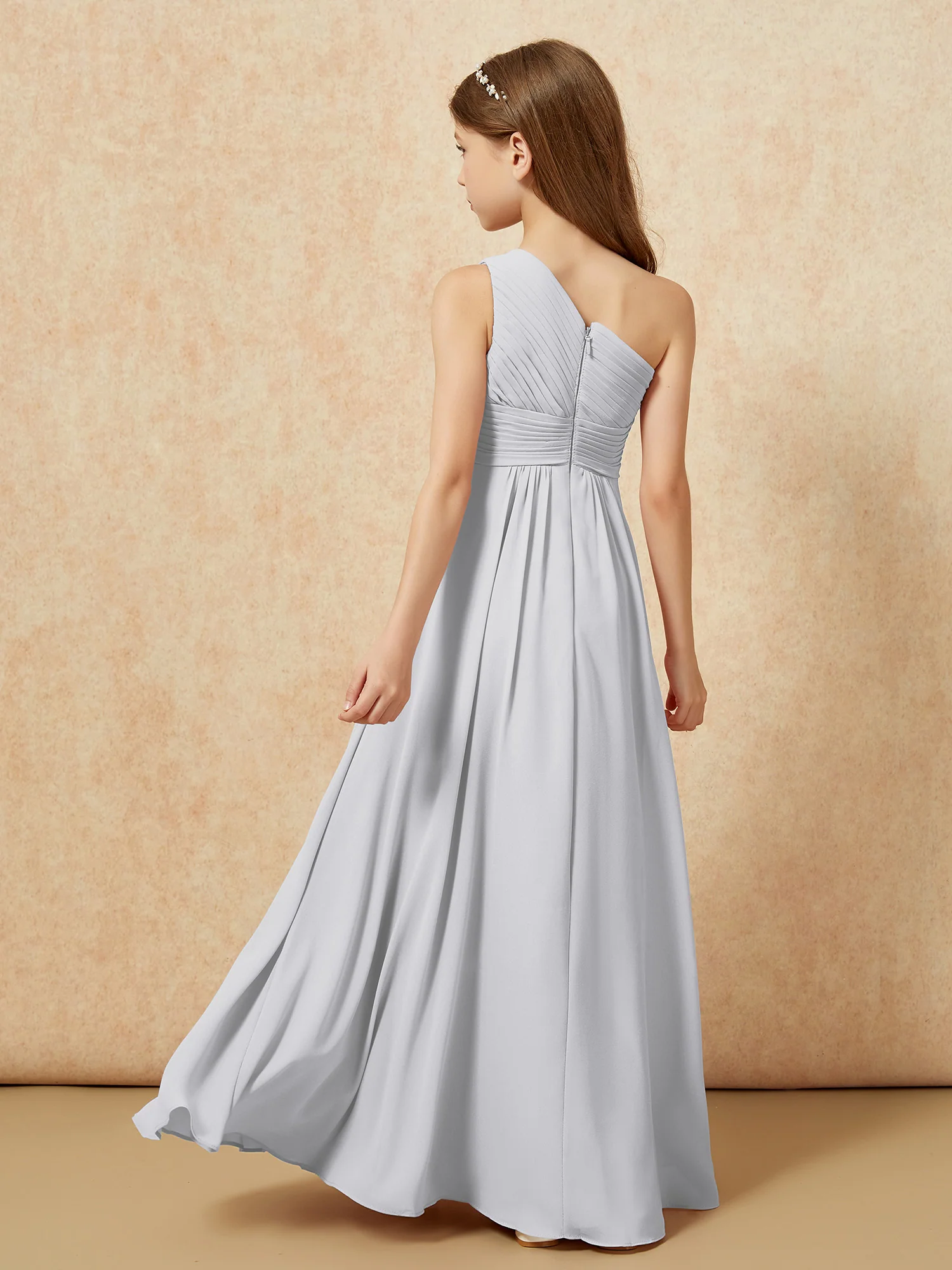One Shoulder Pleated Chiffon Junior Bridesmaid Dress Silver - Image 2