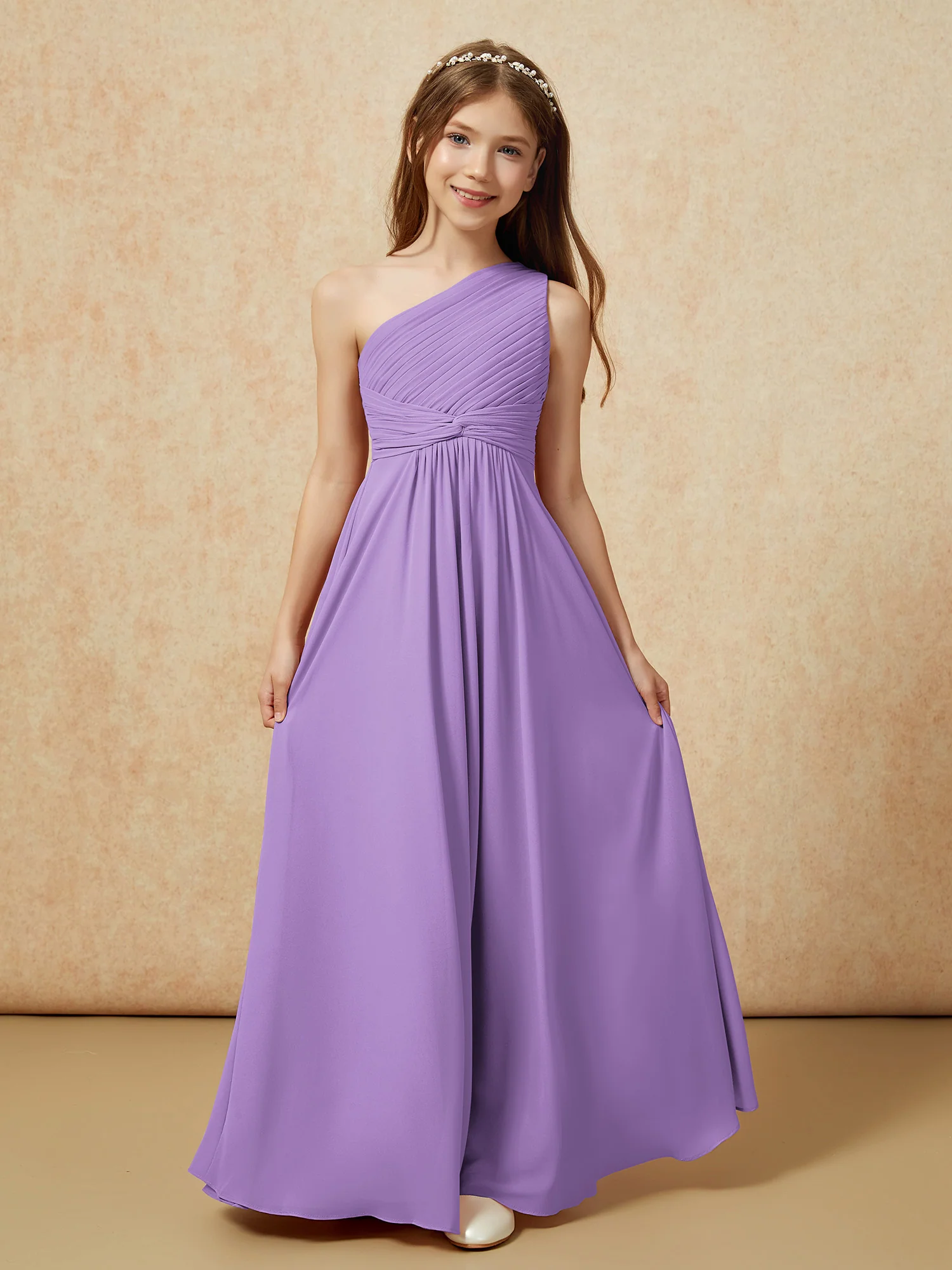 One Shoulder Pleated Chiffon Junior Bridesmaid Dress Tahiti - Image 4