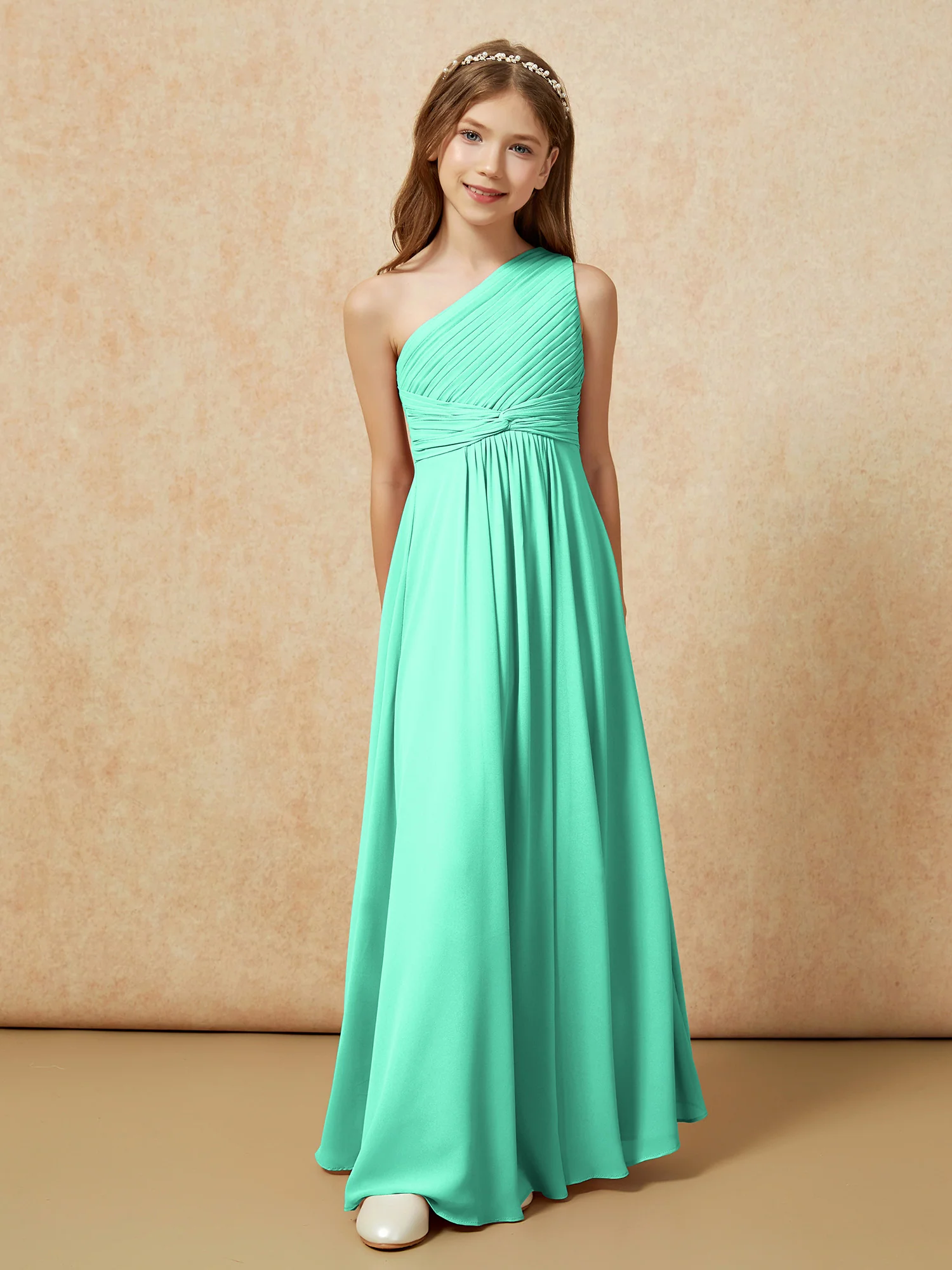 One Shoulder Pleated Chiffon Junior Bridesmaid Dress Turquoise