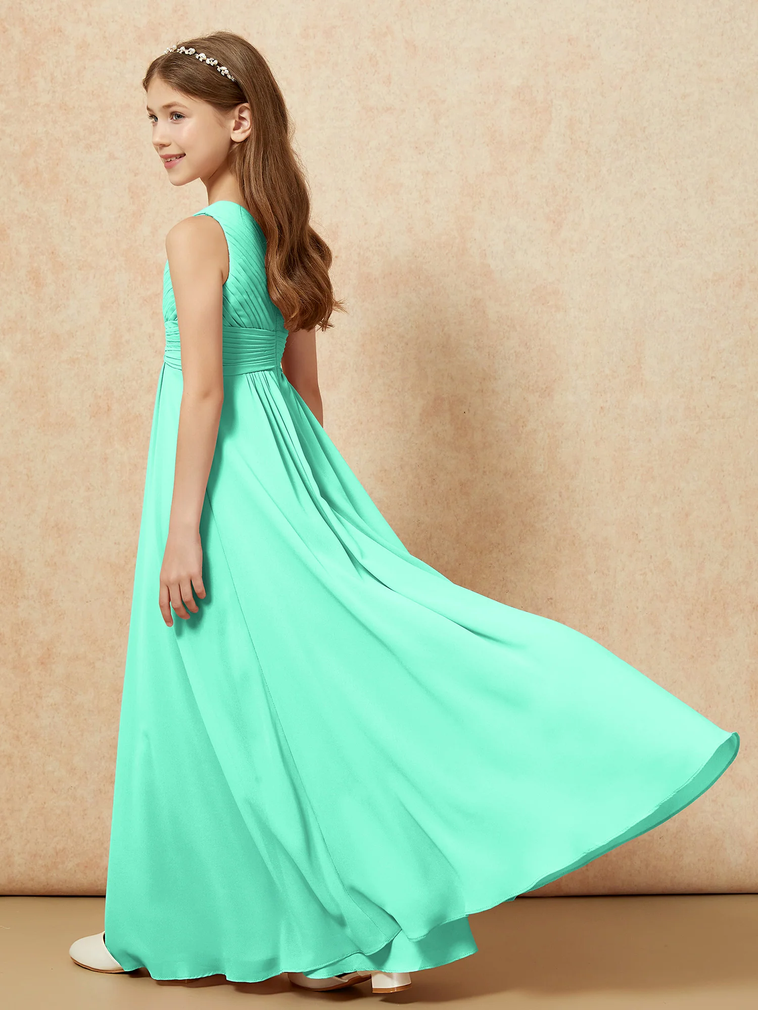 One Shoulder Pleated Chiffon Junior Bridesmaid Dress Turquoise - Image 6