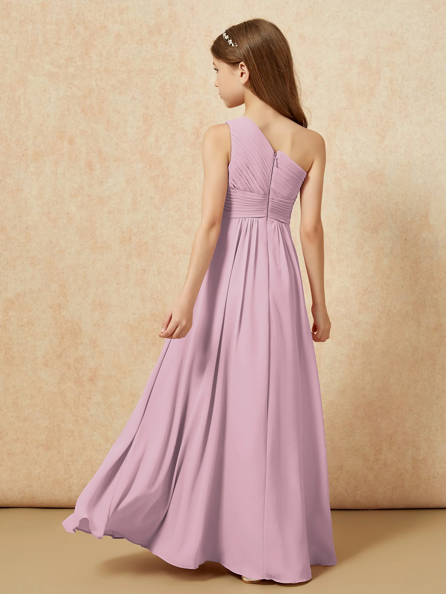 One Shoulder Pleated Chiffon Junior Bridesmaid Dress Vintage Mauve - Image 2