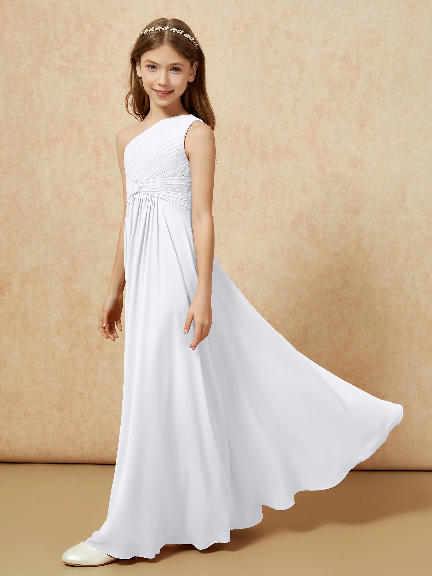 One Shoulder Pleated Chiffon Junior Bridesmaid Dress White - Image 3