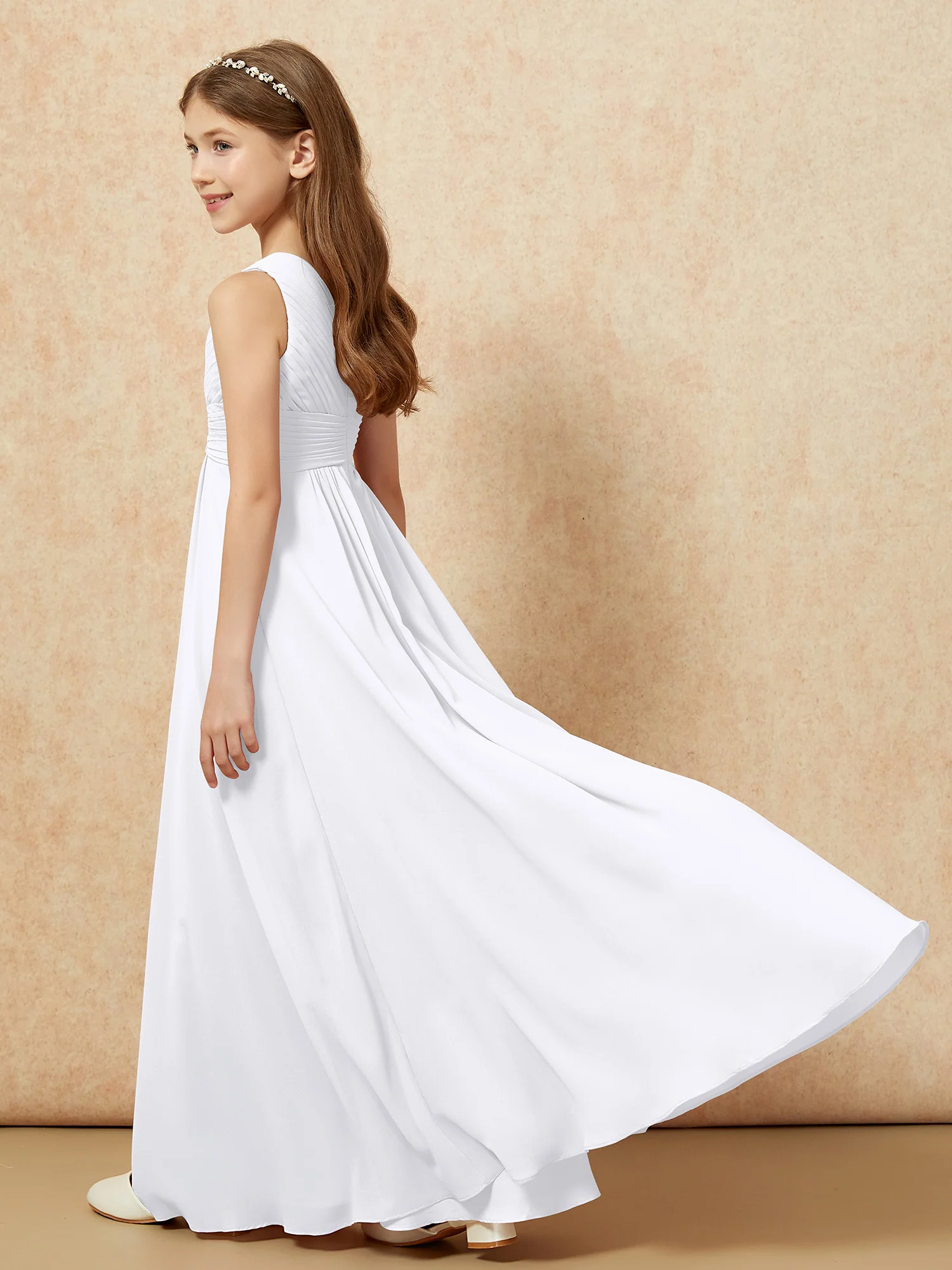 One Shoulder Pleated Chiffon Junior Bridesmaid Dress White - Image 6
