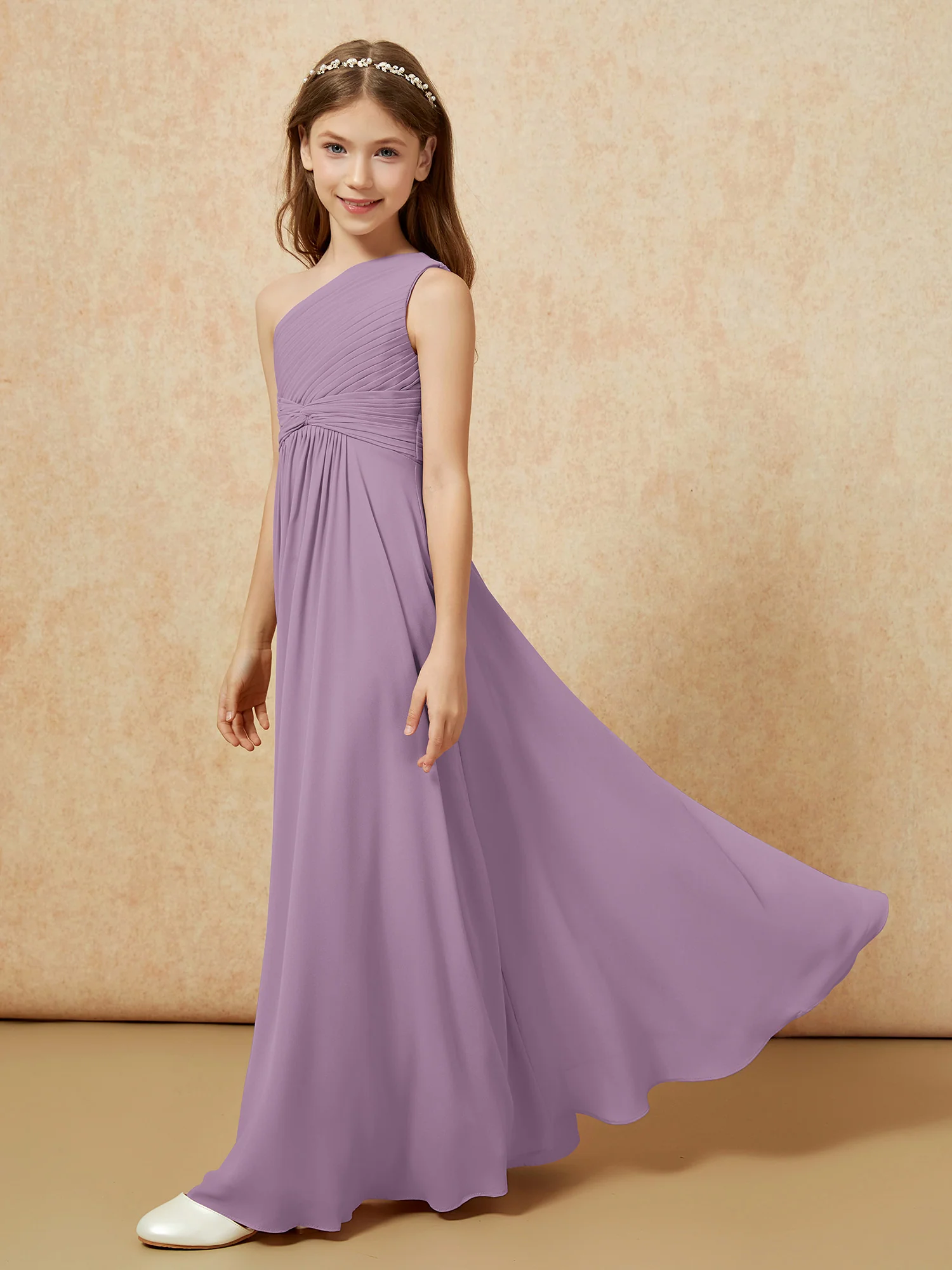 One Shoulder Pleated Chiffon Junior Bridesmaid Dress Wisteria - Image 3