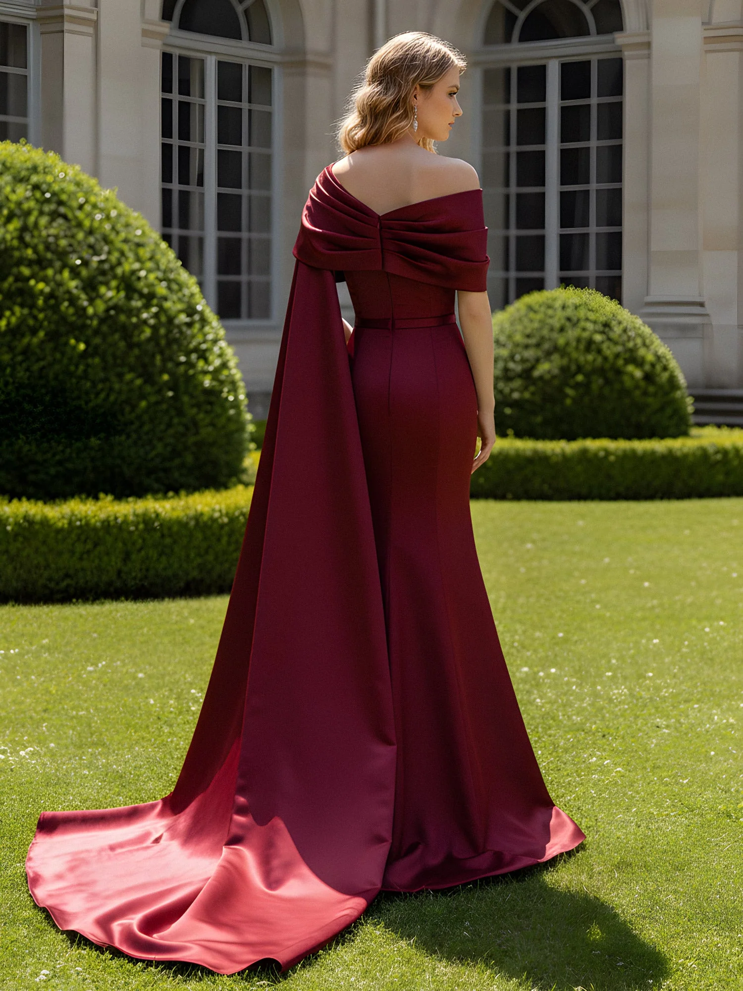 One Shoulder Sheath Long Slit Dress With Cape Fuchsia - Image 2