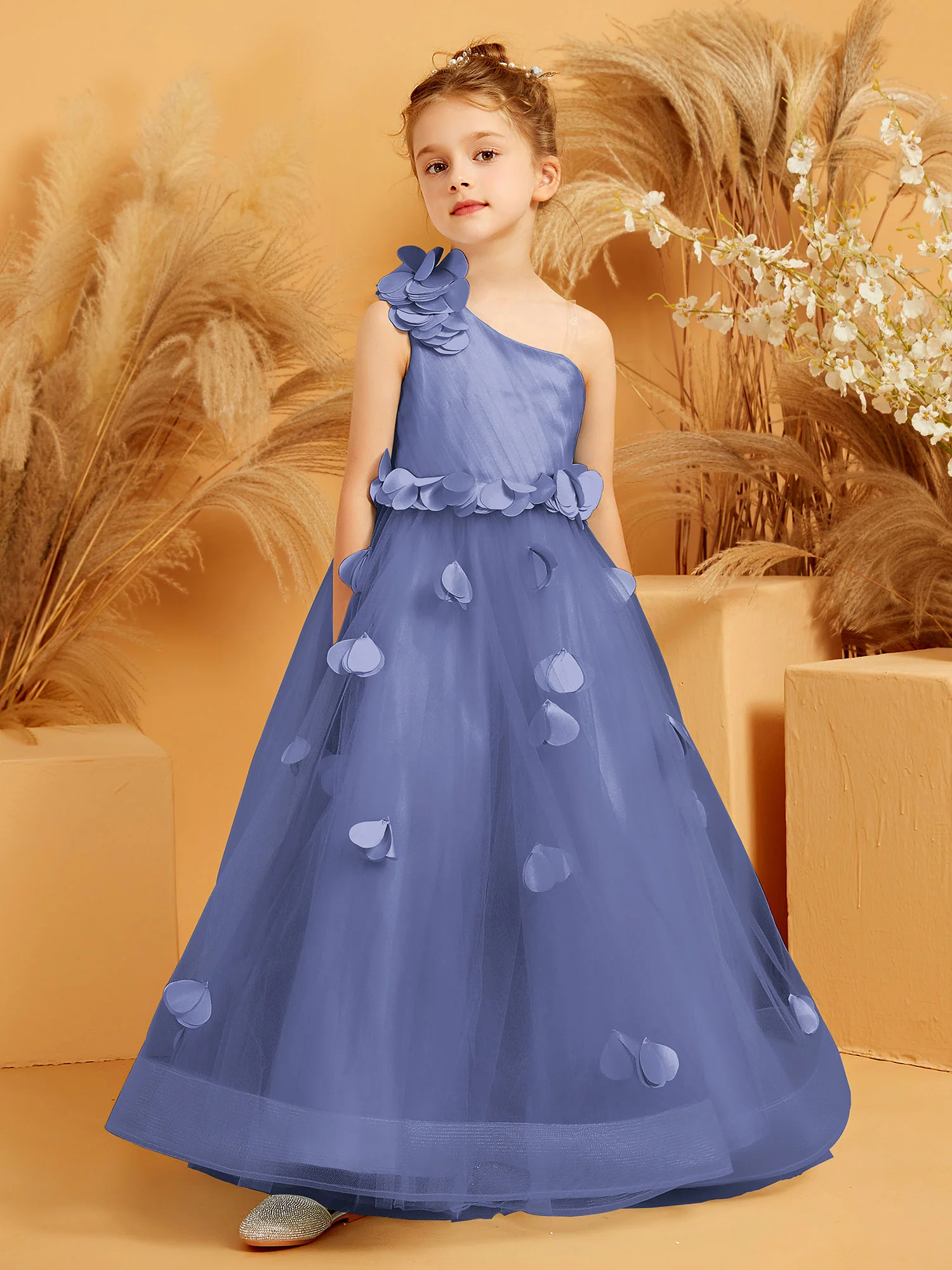 One Shoulder with Flower Floor Length Flower Girl Dress Periwinkle