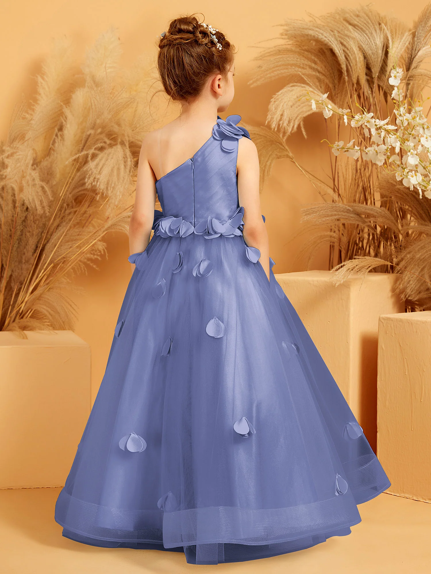 One Shoulder with Flower Floor Length Flower Girl Dress Periwinkle - Image 2