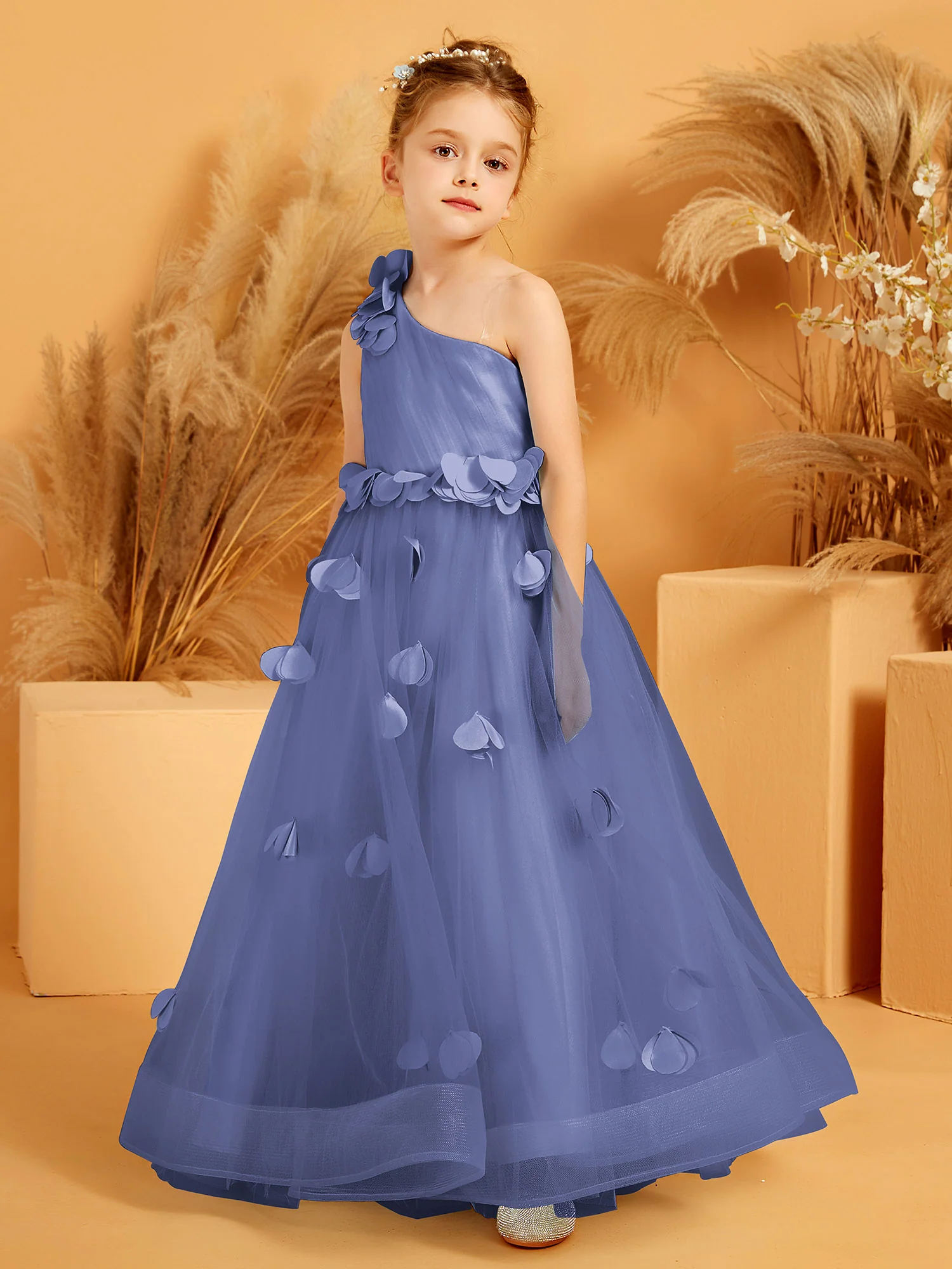One Shoulder with Flower Floor Length Flower Girl Dress Periwinkle - Image 3