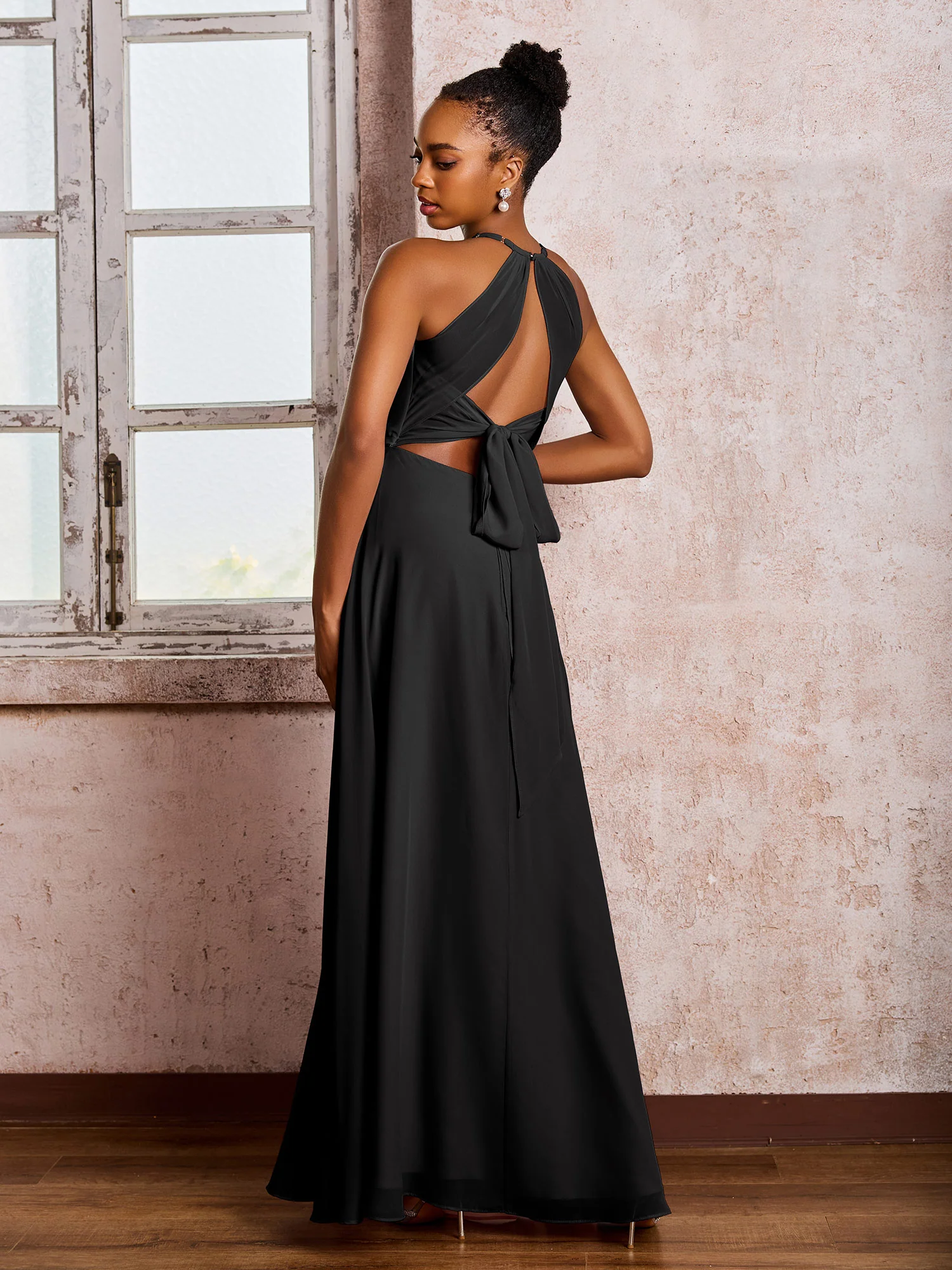 Open Back Halter Bow Chiffon Long Dresses with Slit Black - Image 2