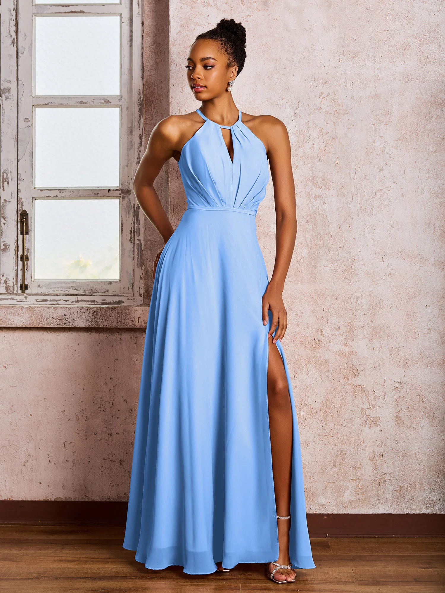 Open Back Halter Bow Chiffon Long Dresses with Slit Blue