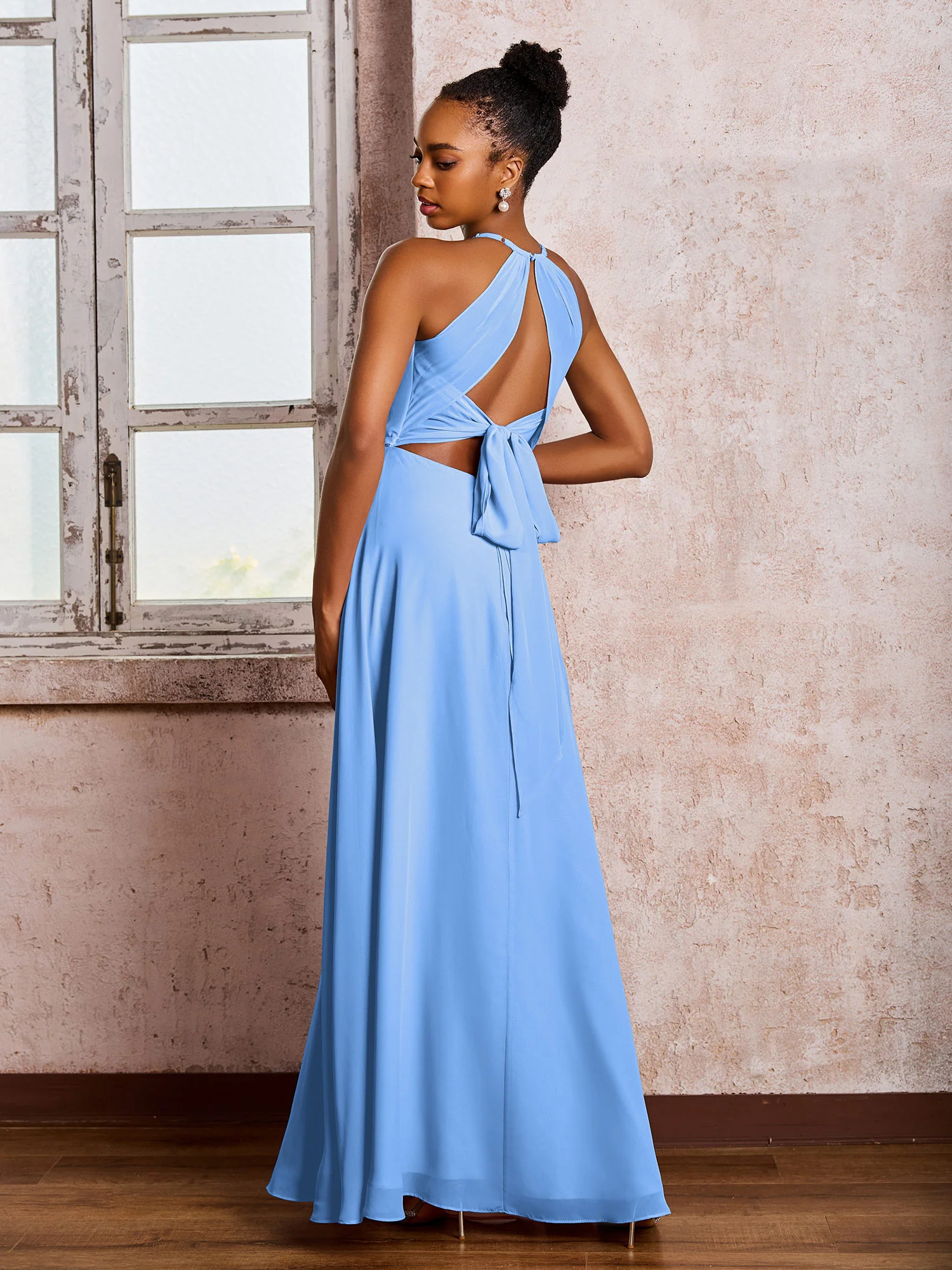 Open Back Halter Bow Chiffon Long Dresses with Slit Blue - Image 2