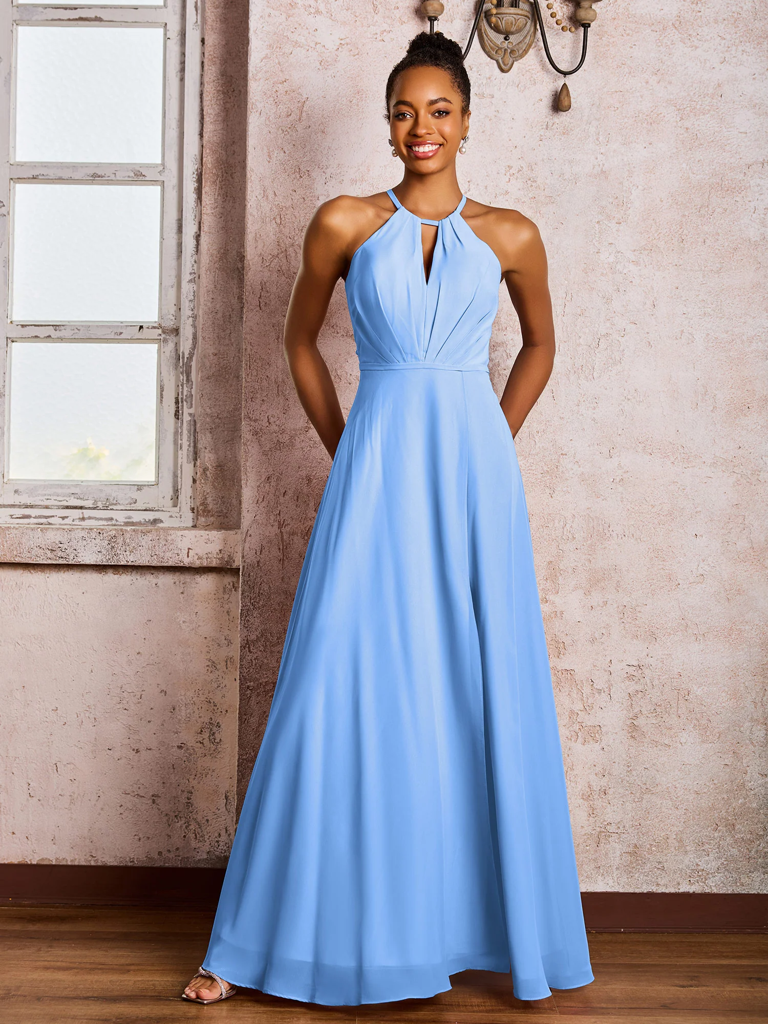 Open Back Halter Bow Chiffon Long Dresses with Slit Blue - Image 3