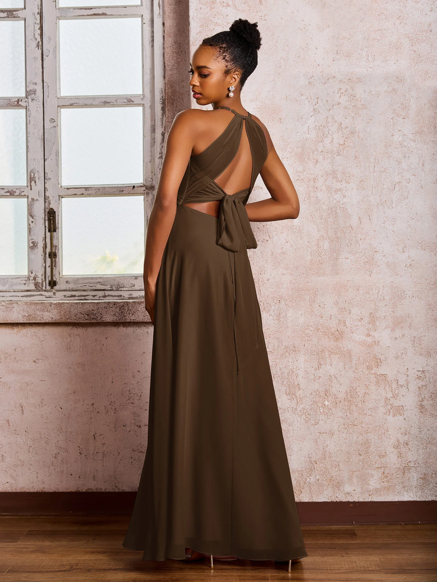 Open Back Halter Bow Chiffon Long Dresses with Slit Brown - Image 2