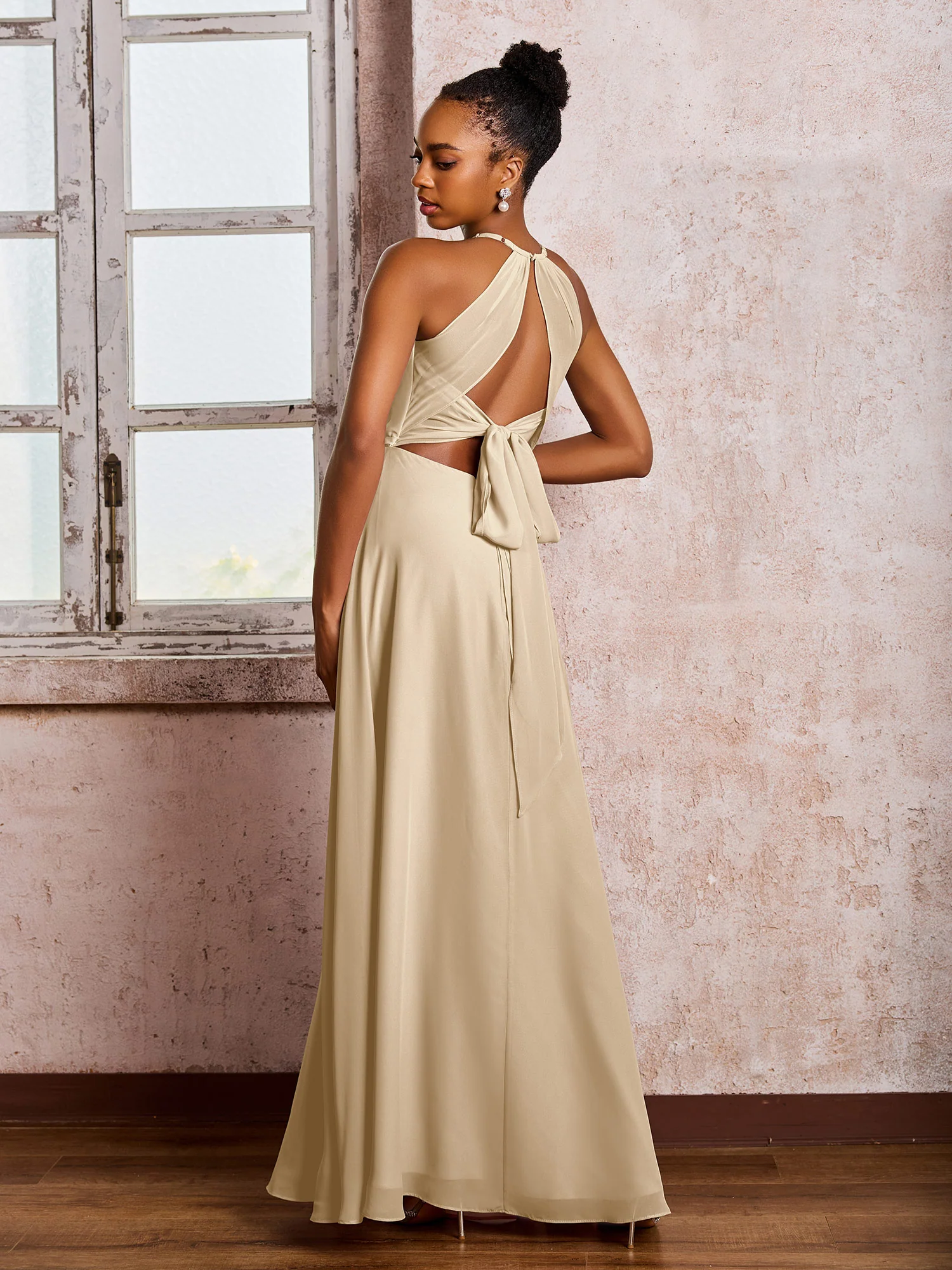Open Back Halter Bow Chiffon Long Dresses with Slit Champagne - Image 2
