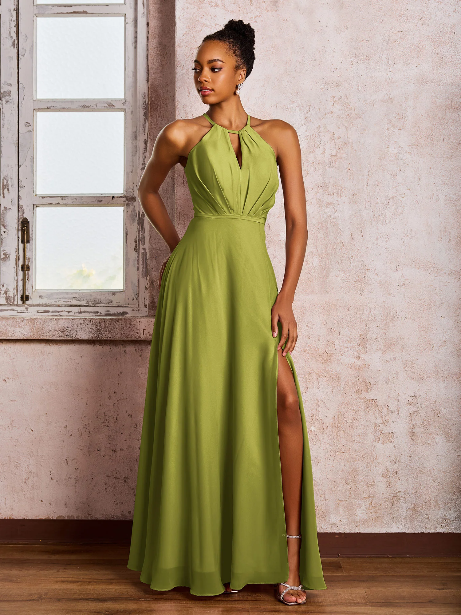 Open Back Halter Bow Chiffon Long Dresses with Slit Clover