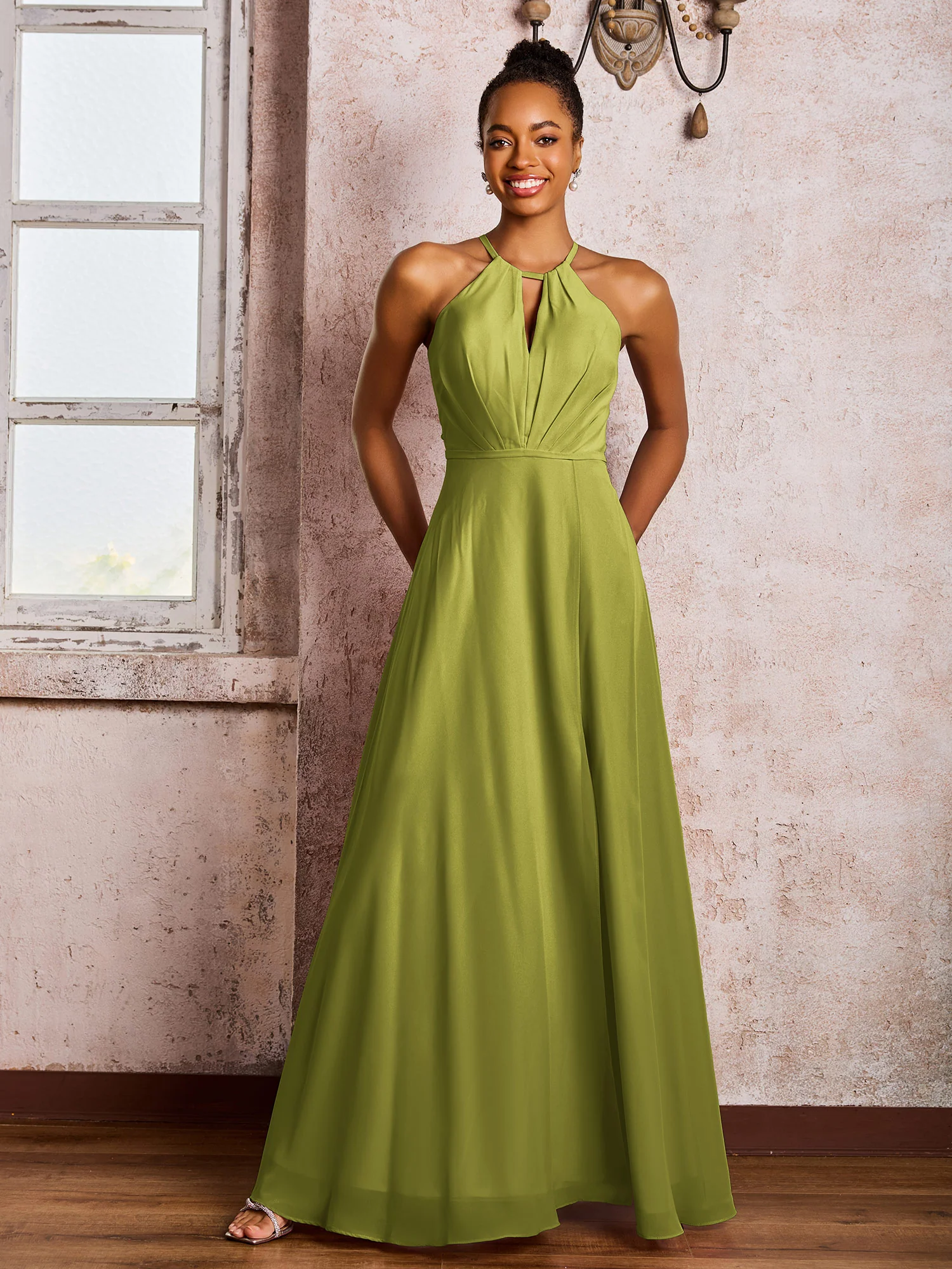 Open Back Halter Bow Chiffon Long Dresses with Slit Clover - Image 3