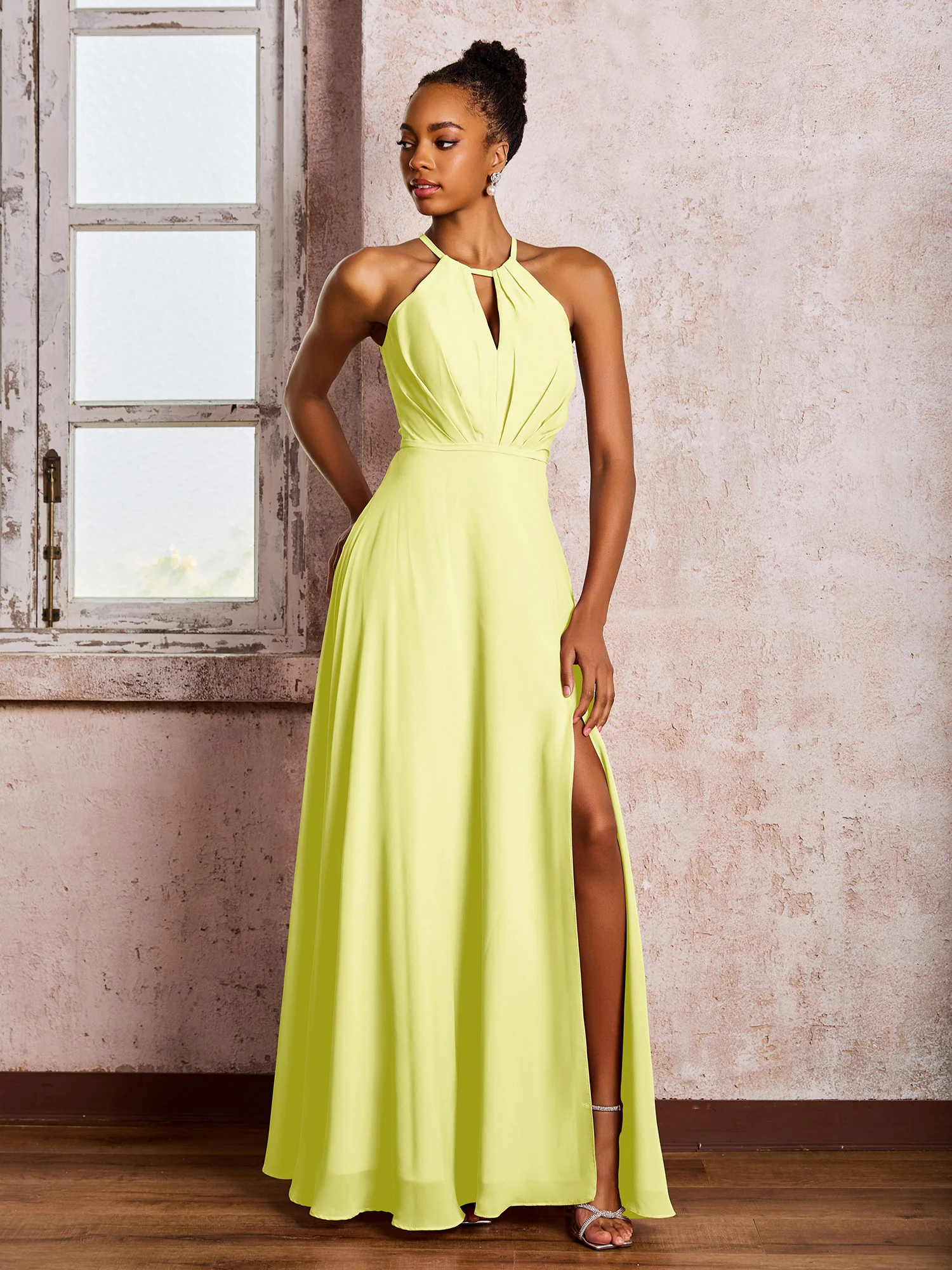 Open Back Halter Bow Chiffon Long Dresses with Slit Daffodil