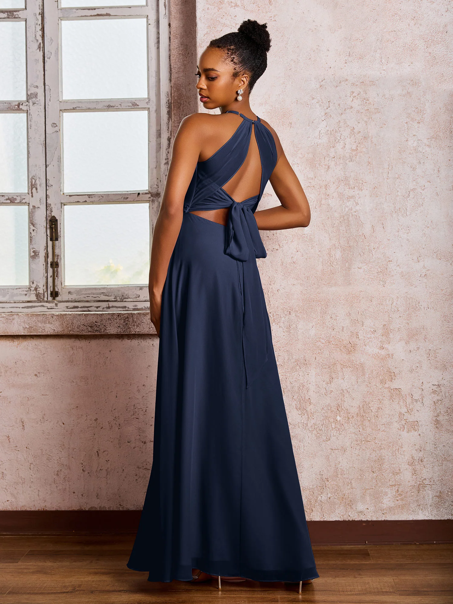 Open Back Halter Bow Chiffon Long Dresses with Slit Dark Navy - Image 2