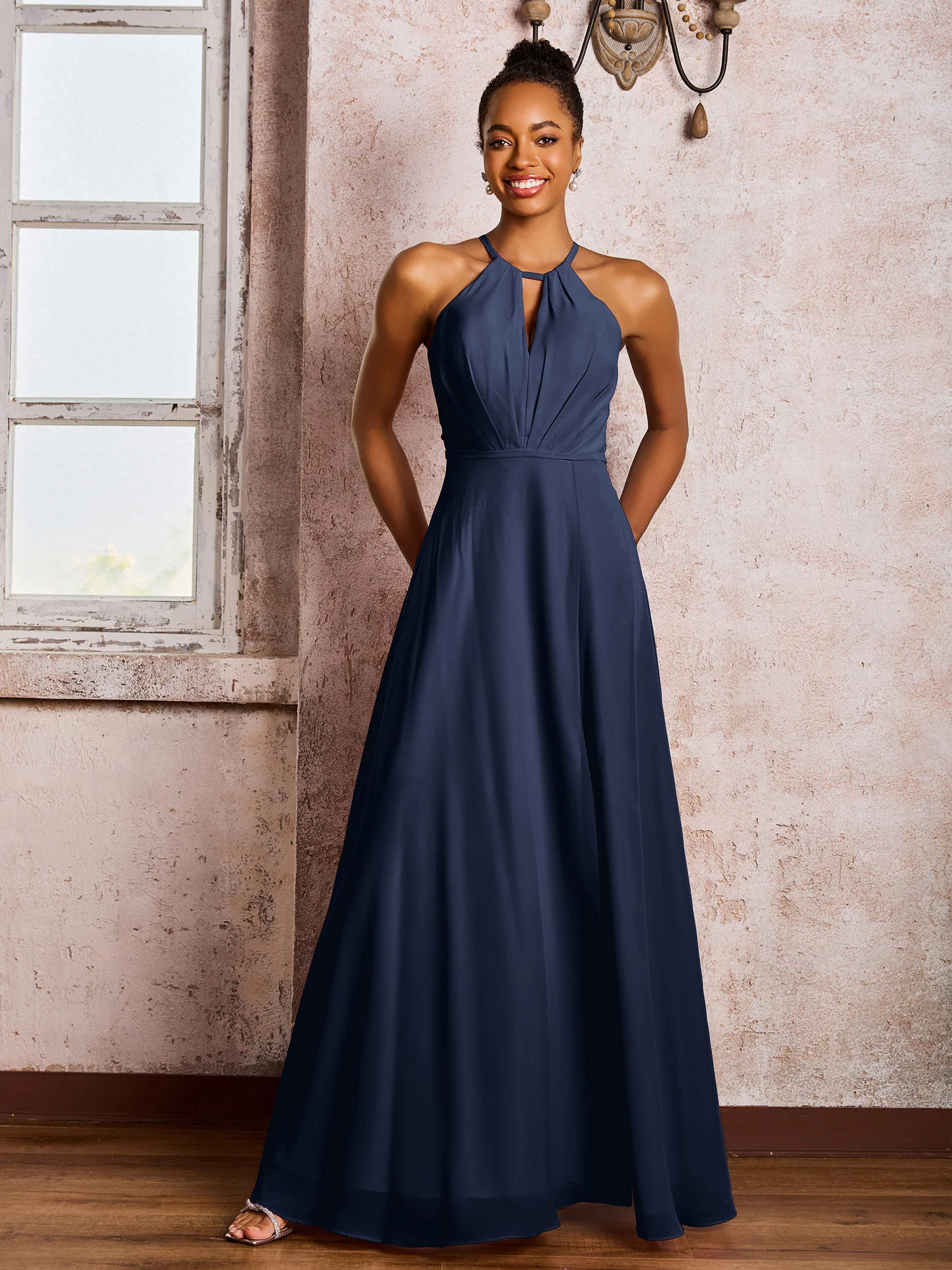 Open Back Halter Bow Chiffon Long Dresses with Slit Dark Navy - Image 3