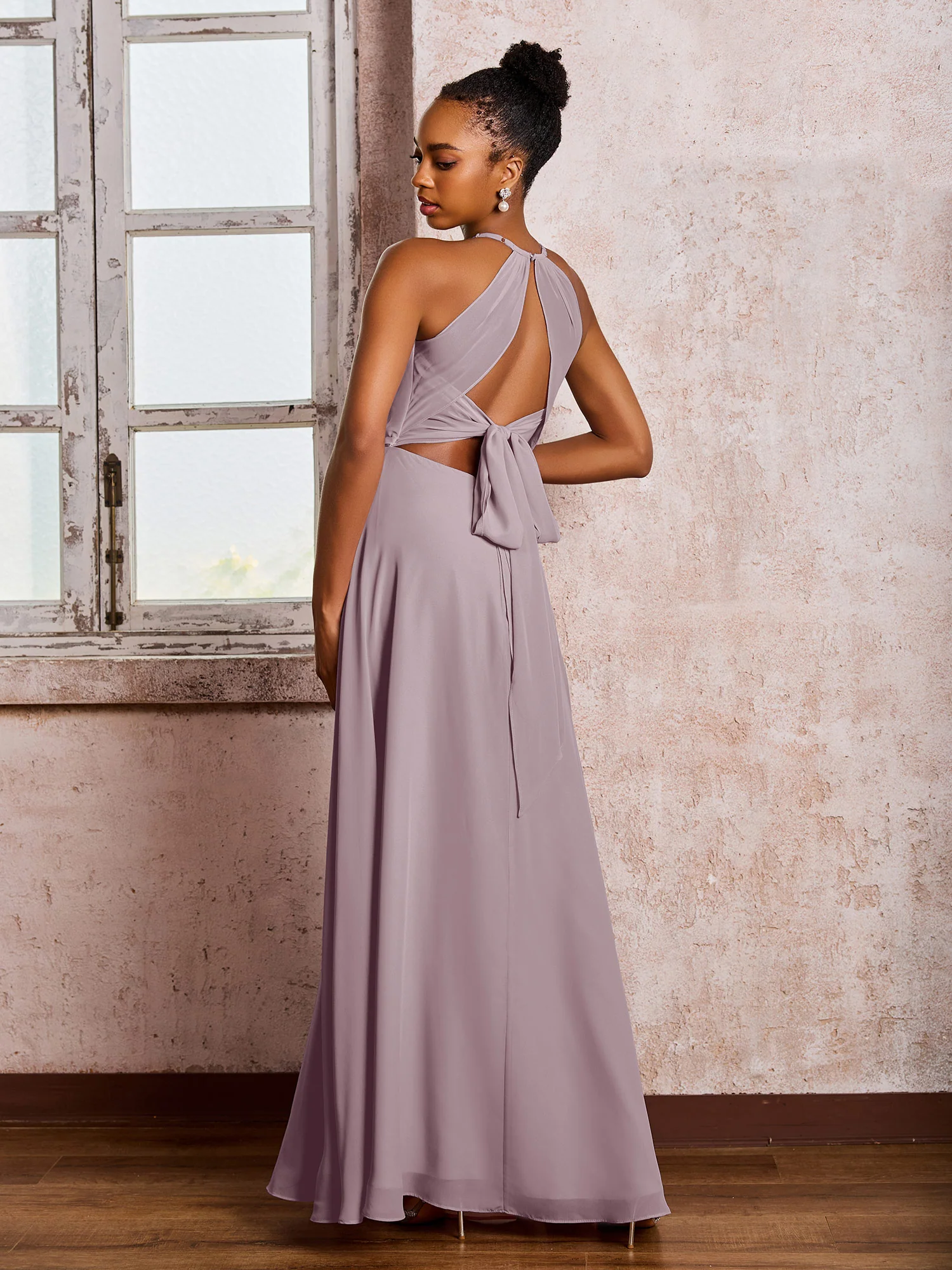 Open Back Halter Bow Chiffon Long Dresses with Slit Dusk - Image 2