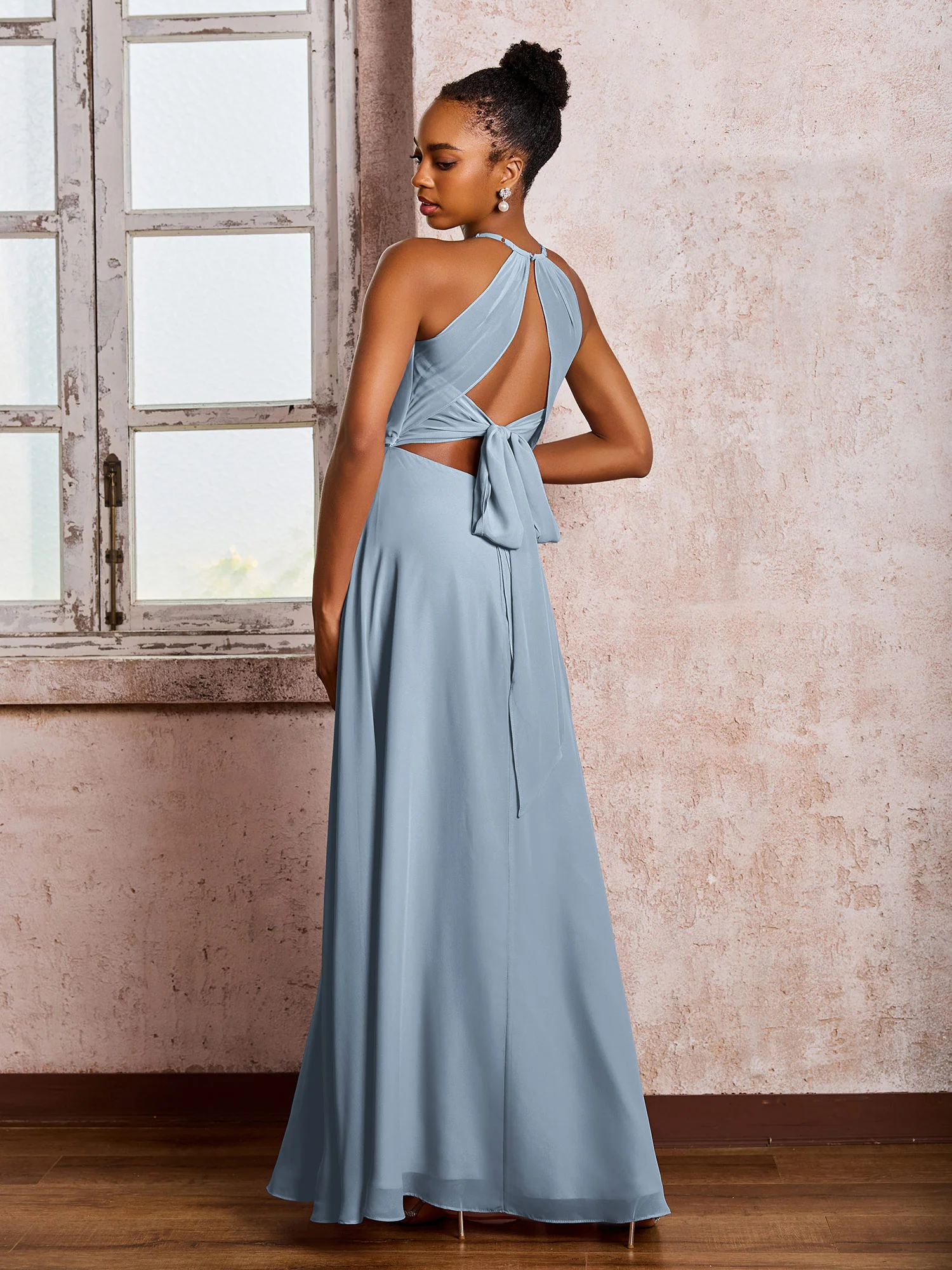 Open Back Halter Bow Chiffon Long Dresses with Slit Dusty Blue - Image 2