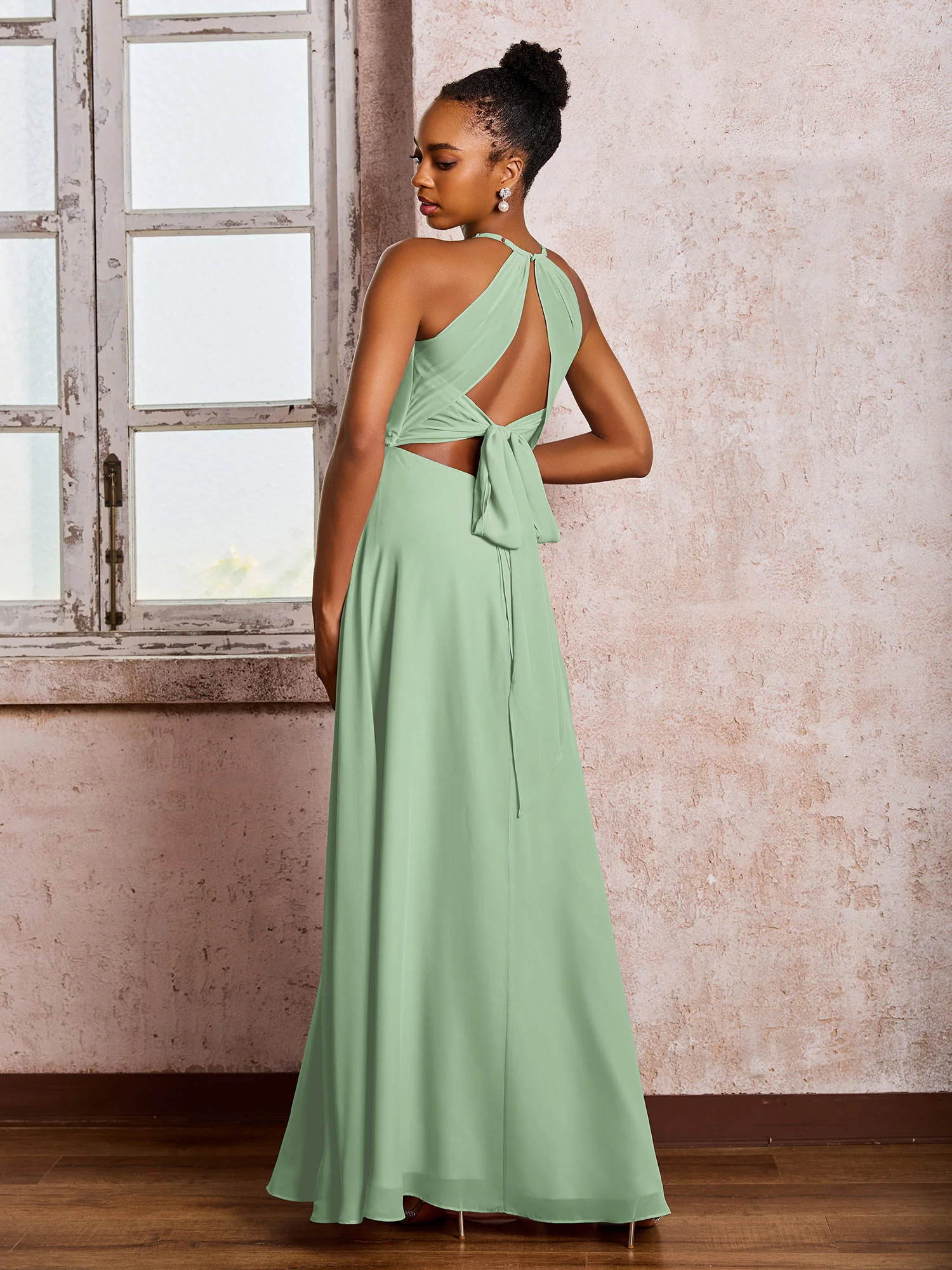 Open Back Halter Bow Chiffon Long Dresses with Slit Dusty Sage - Image 2