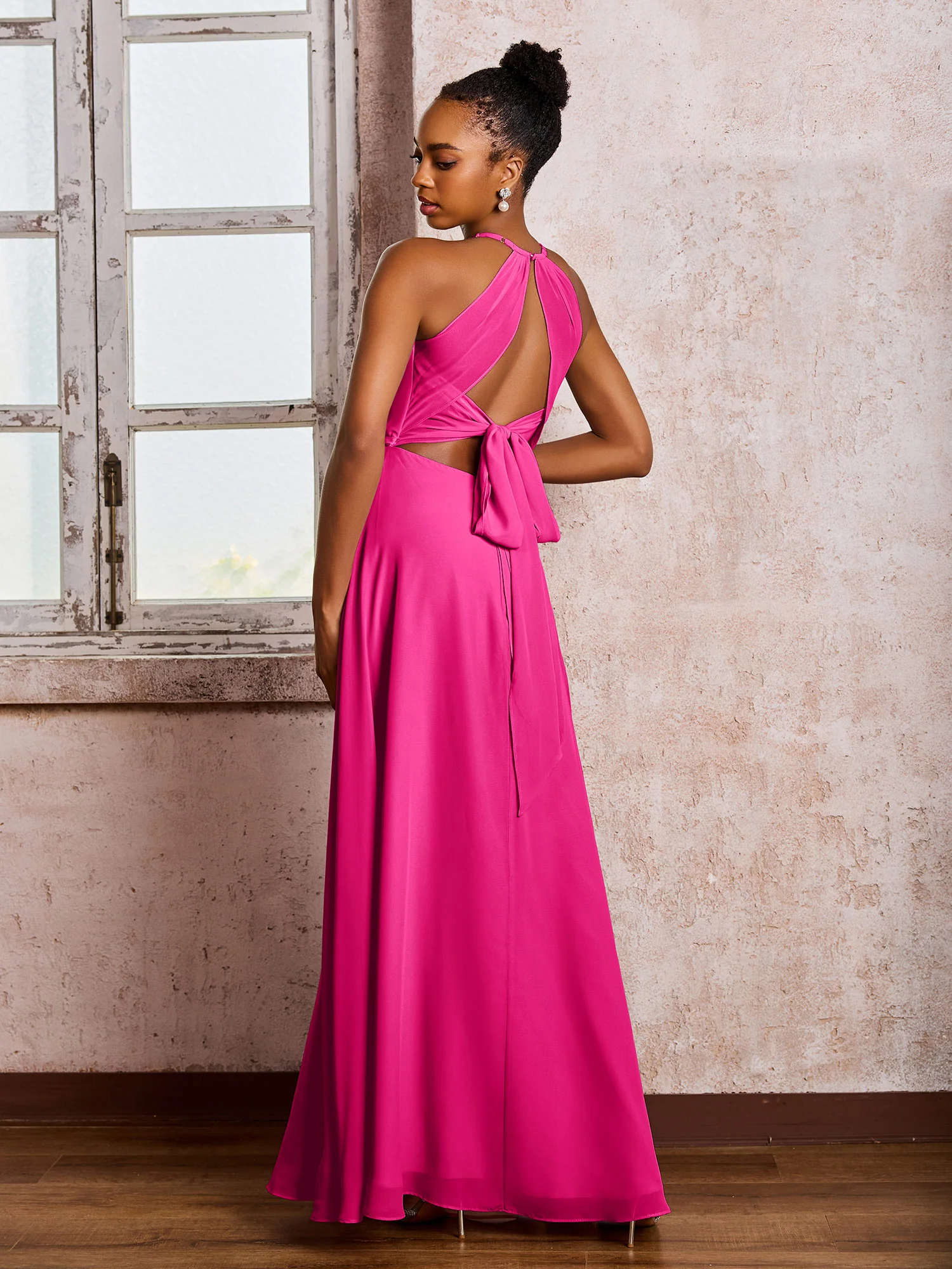 Open Back Halter Bow Chiffon Long Dresses with Slit Fuchsia - Image 2