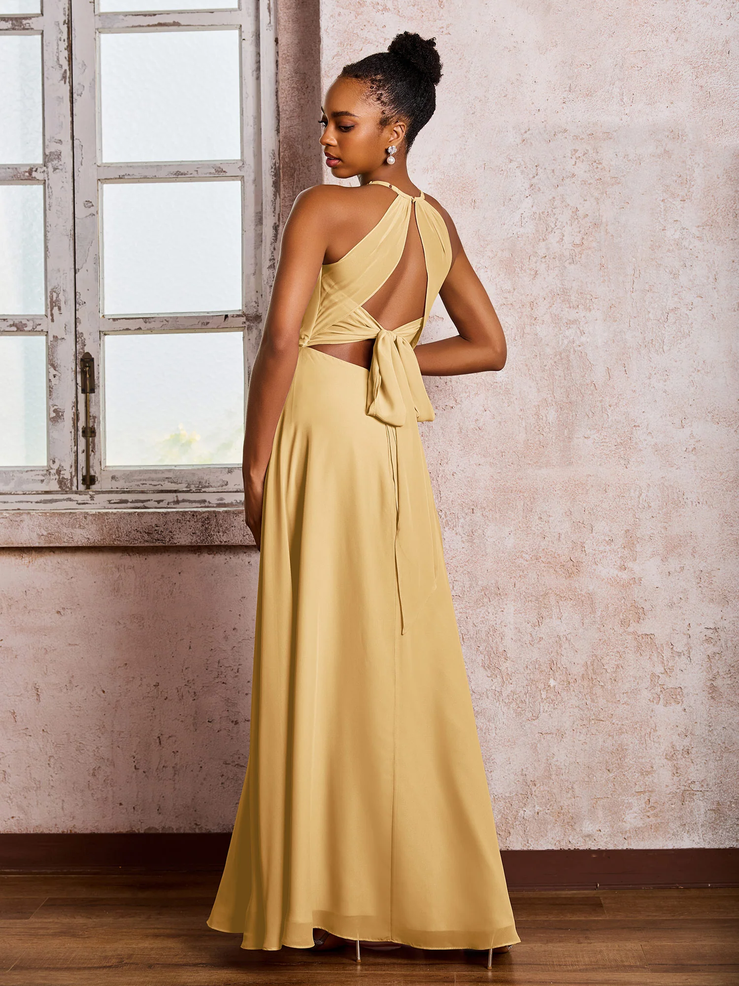 Open Back Halter Bow Chiffon Long Dresses with Slit Gold - Image 2